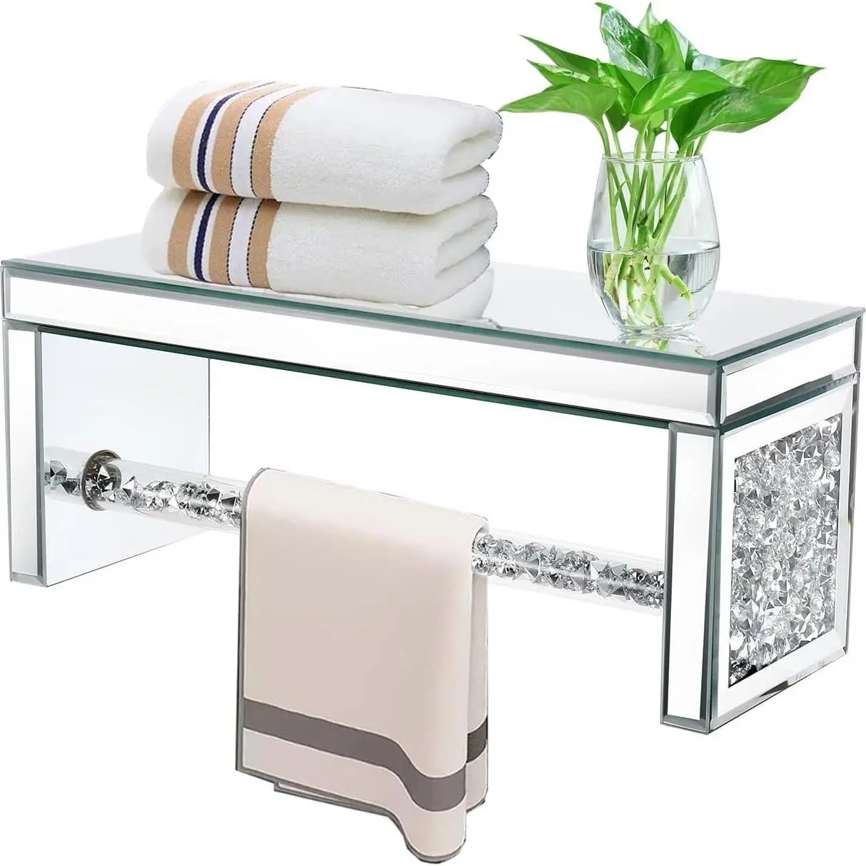 Glass Mirror Wall Mount Holder, Silver Color Crystal Diamond Glass Towel Rack, Decorative Storage Shelf for Bathroom Kitchen Bedroom, Bathroom Accessories