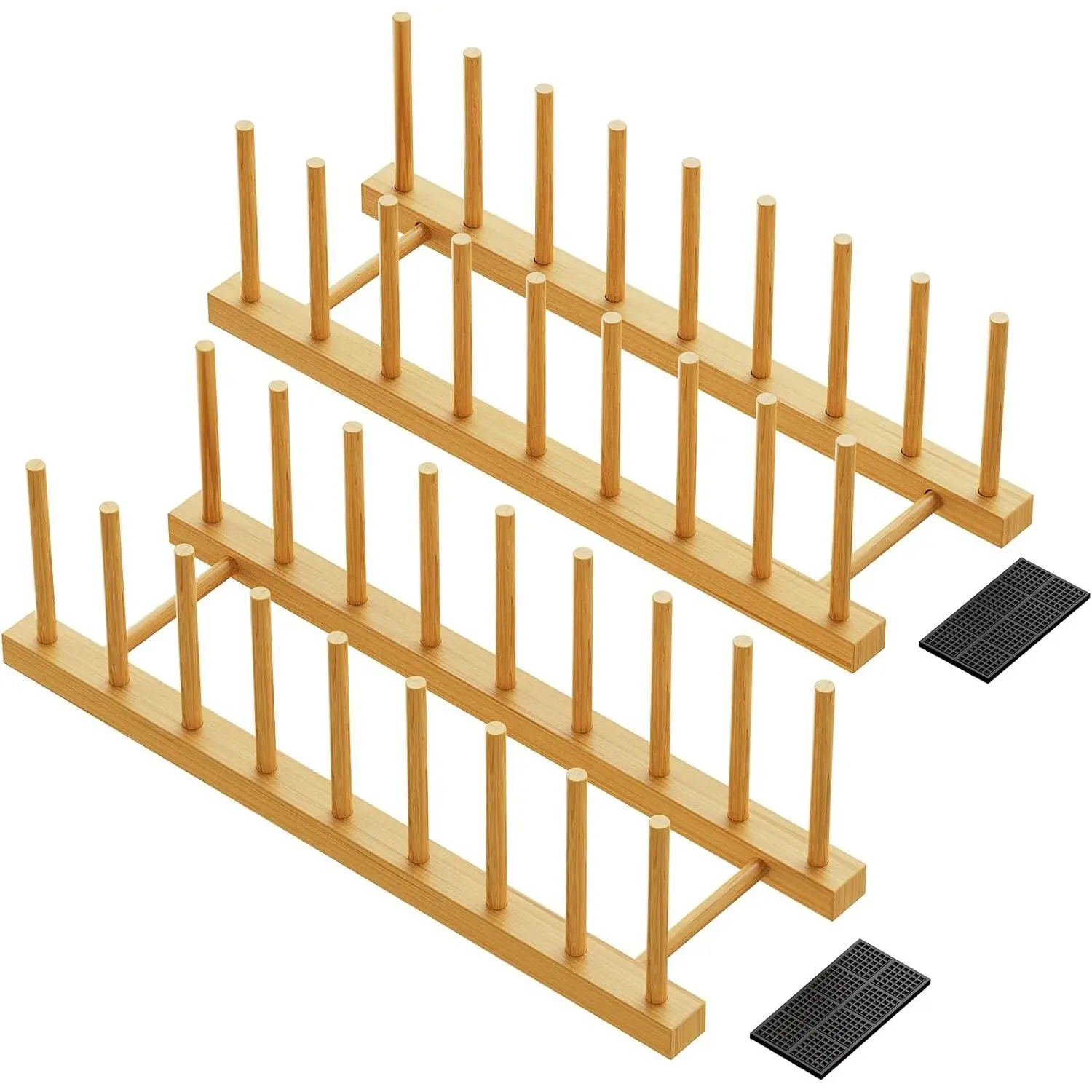 Bamboo Dish Drying Rack, 2-Pack Plate Organizer for Kitchen Cabinet, Vertical Plate Holders with 8 Compartments