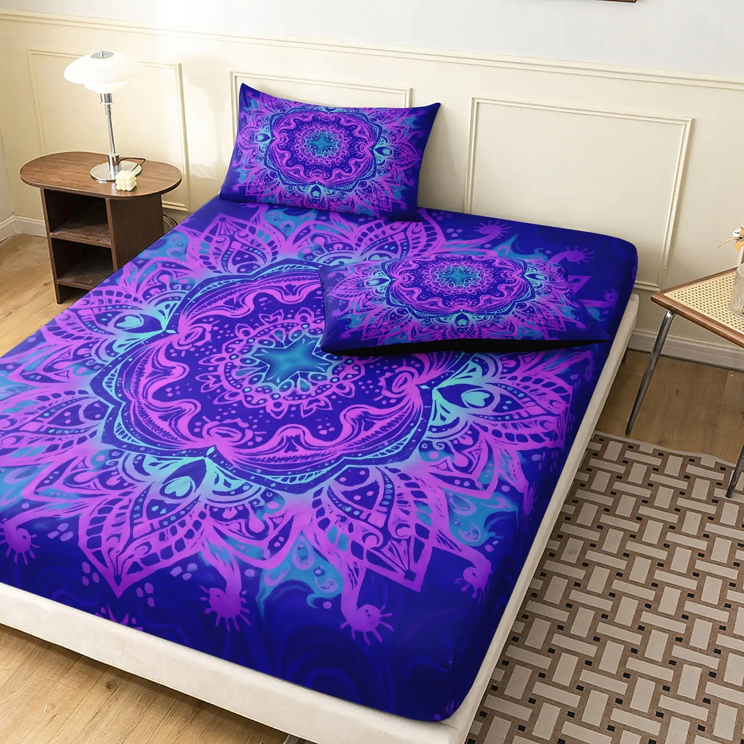3 Pieces Purple Blue Gradient Mandala Floral Fitted Sheet Set, Bohemian Hippie Large Mandala Flower Print Bedding, Soft Microfiber Spiritual Boho Aesthetic Bedding Decor (1 Fitted Sheet + 2 Pillowcases, No Pillow)
