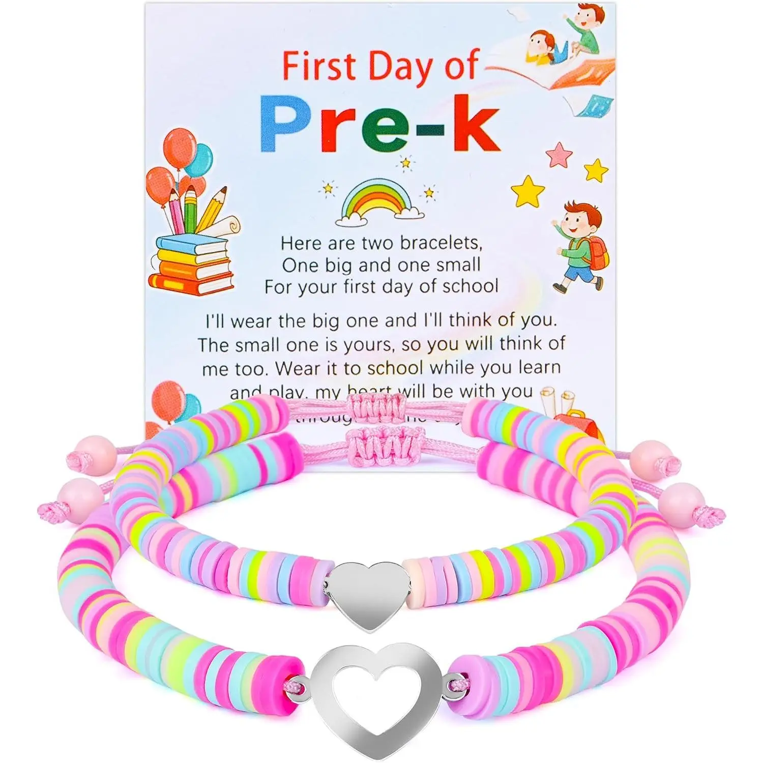 of School Mommy and Me Matching Bracelets    to School Clay Bead  for Mother, Daughter, Dad, Son Adjustable Heart Bracelets