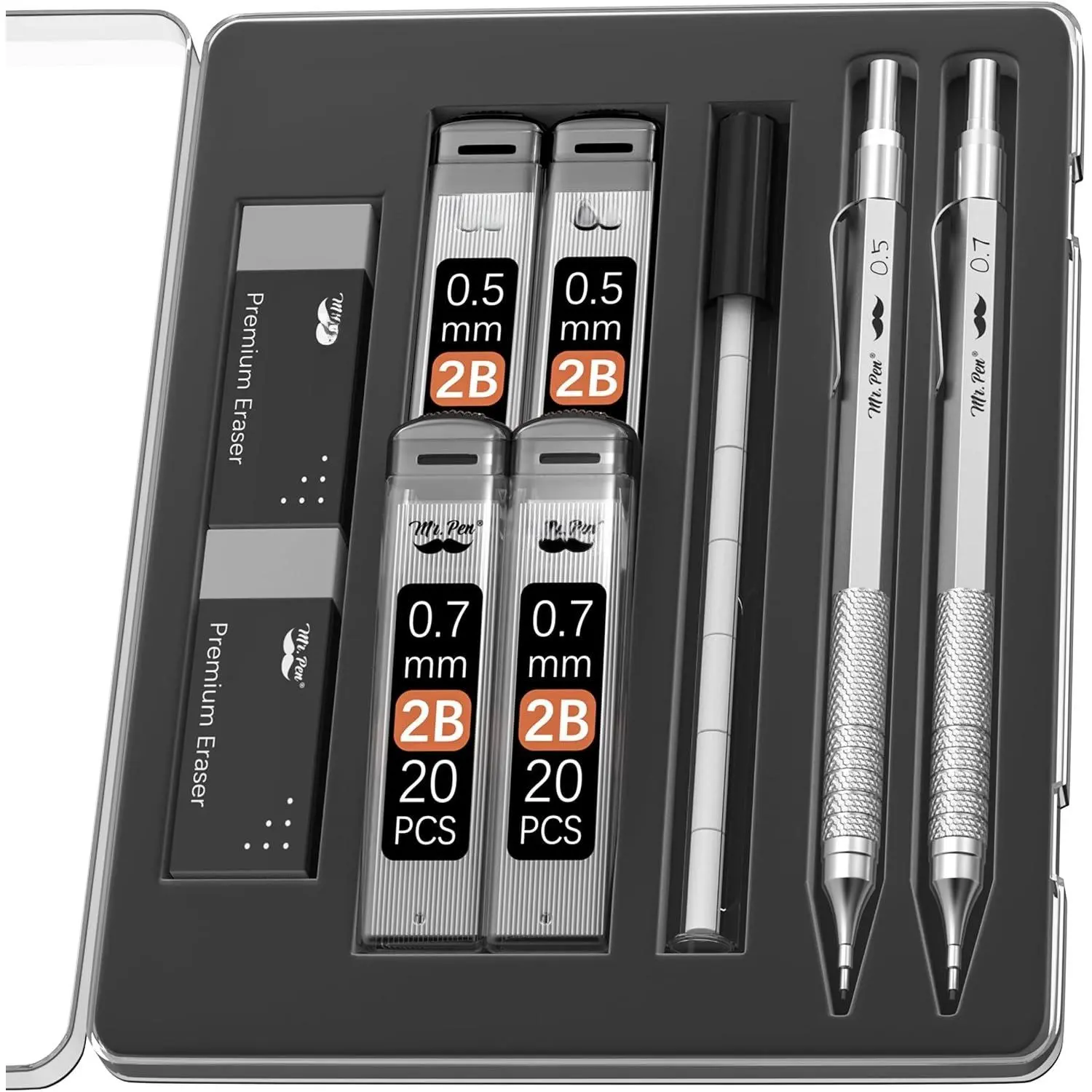 - Metal Mechanical cil Set with Lead Refills & Erasers, 2 Pack | 2 Sizes, 0.5 & 0.7mm, 4x Tubes 2B Lead Refill, 2x Erasers for School Supplies, Note Taking, Drawing, Sketching, Office, Compact, Drawing Tools, Metal Body, Two Pencil Sizes