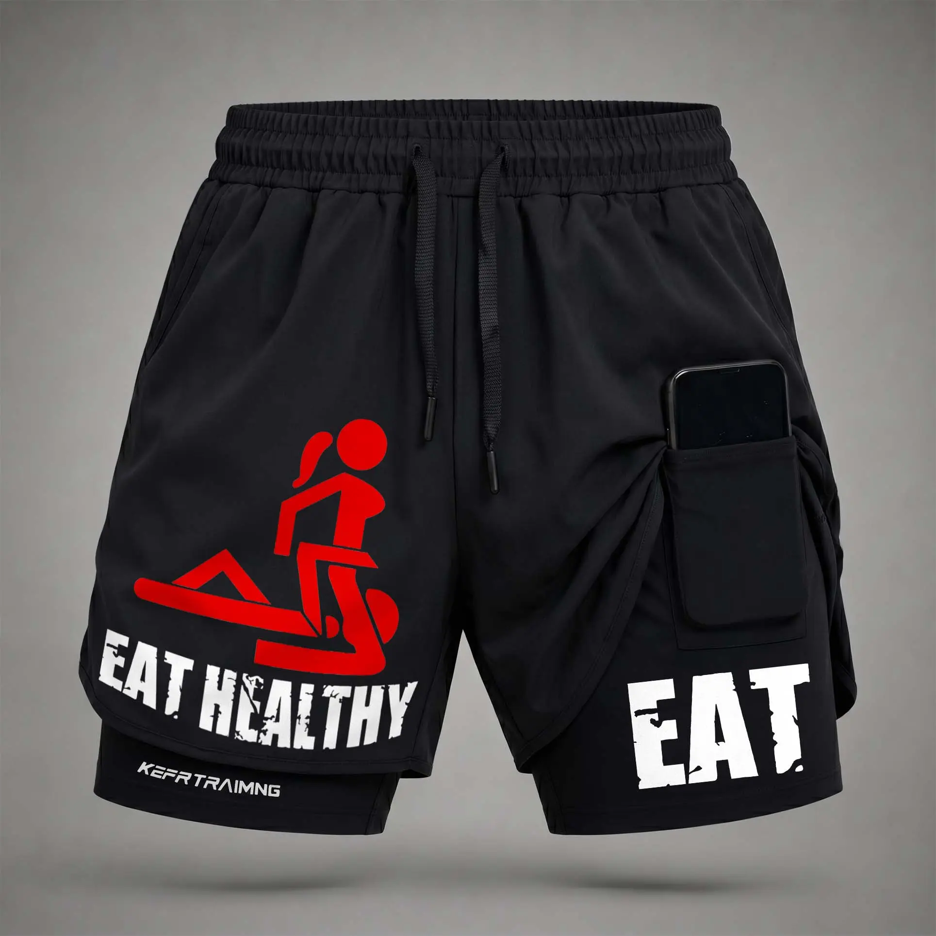 Men’s"Eat Healthy  Graphic Print 2-in-1 Athletic Shorts, Built-in Compression Liner, Secure Inner Phone Pocket, Elastic Drawstring Waist, Quick-Dry Gym Running Training Shorts for Summer Daily Wear