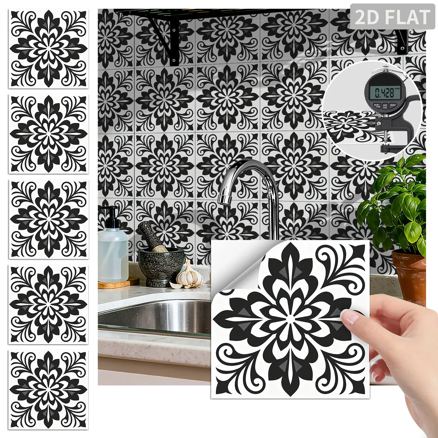 24PCS FHZ Matte Vintage Tile Stickers, PET Self Adhesive Black White European Large Floral Wall Decals, Peel & Stick Easy Clean No Residue For Kitchen Bathroom Bedroom Office All Smooth Indoor Surfaces Home Decor