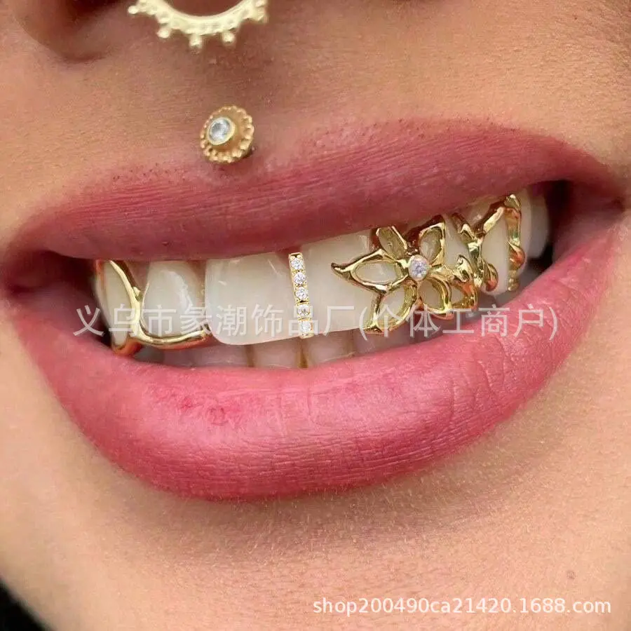 Hip-Hop Dental Braces, Unique Stylish Body Jewelry with Double-Flower Hollow Design, Personalized Fashion Accessory