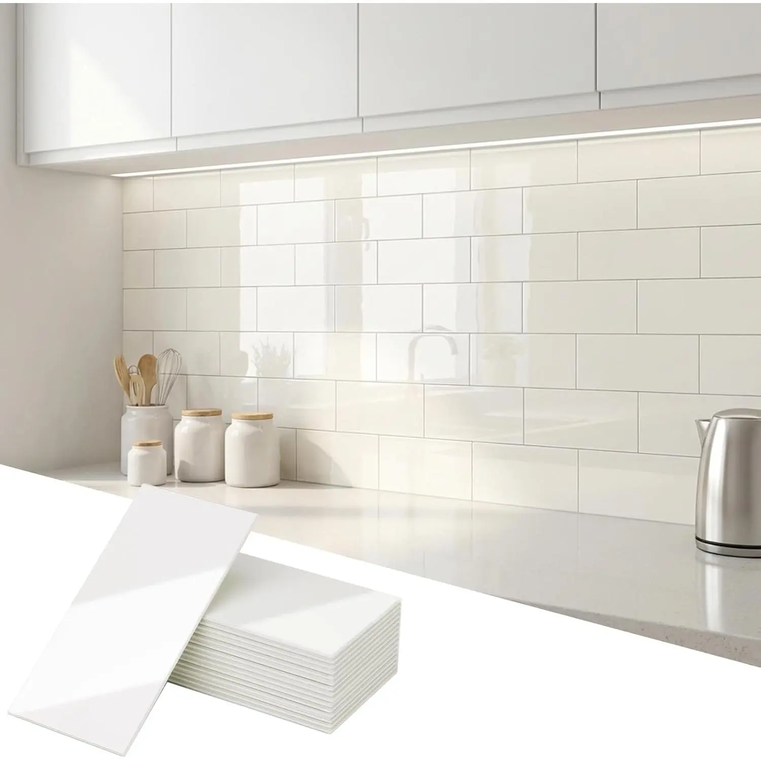 2025 New Upgrade Peel and Stick Backsplash 3 x 6 Inches 3D PVC Composite Wall Tile Stick on Tiles for Kitchen Bathroom Laundry Room Fireplace Polished Cream White 2 Pieces