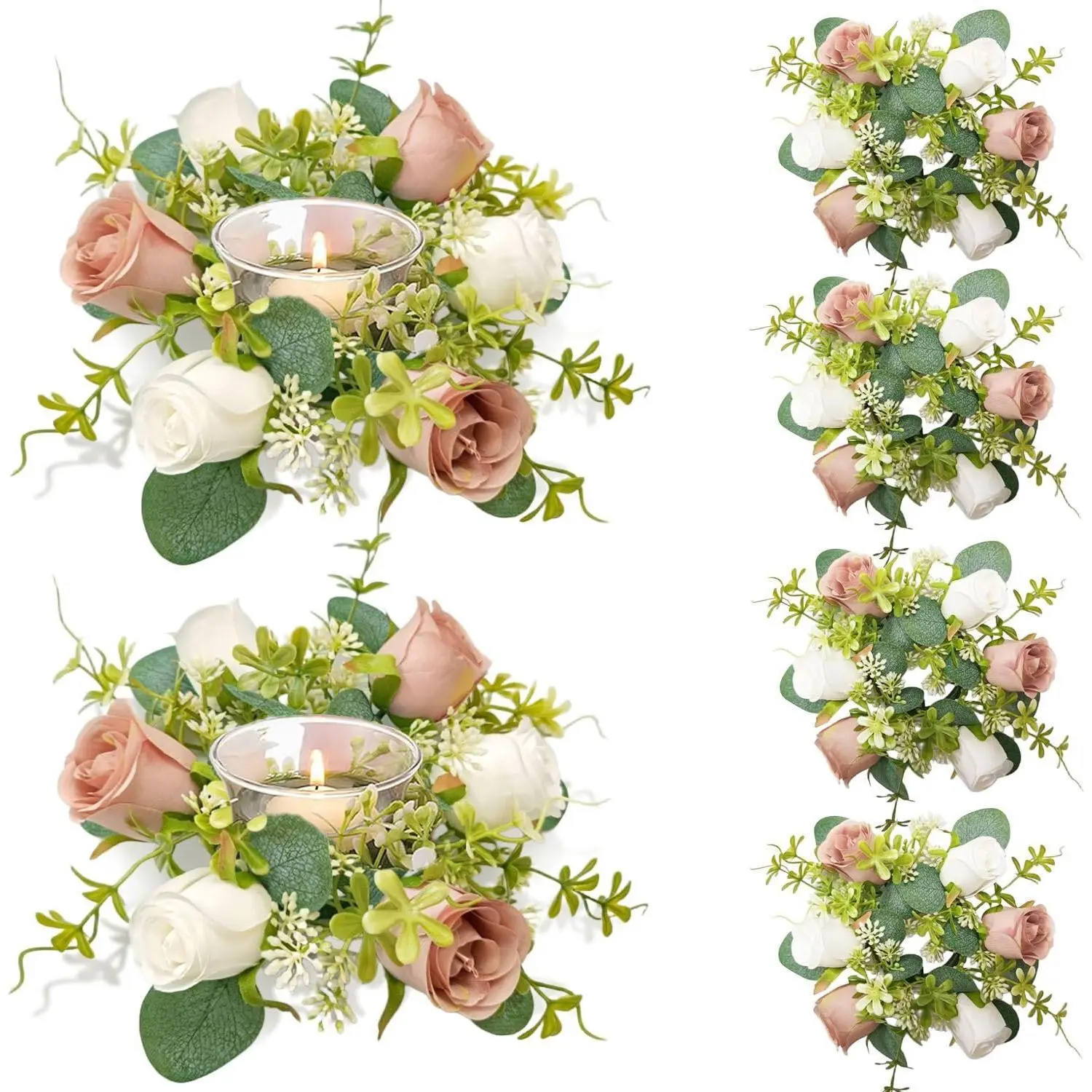 6 count Candle Rings, Artificial Eucalyptus Leaves Wreath, Pillar Candle Holder for Wedding  Door Tabletop Decoration, Small Candle Rings Wreaths(Dusty Rose&White)