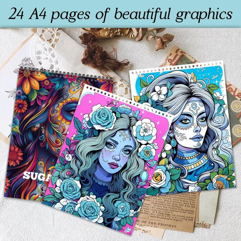 Sugar Skull Women Coloring Book, 24 Pages Spiral Bound Coloring Book, Creative Coloring Book for Adults, Art & Craft Supplies, Coloring Gift Book