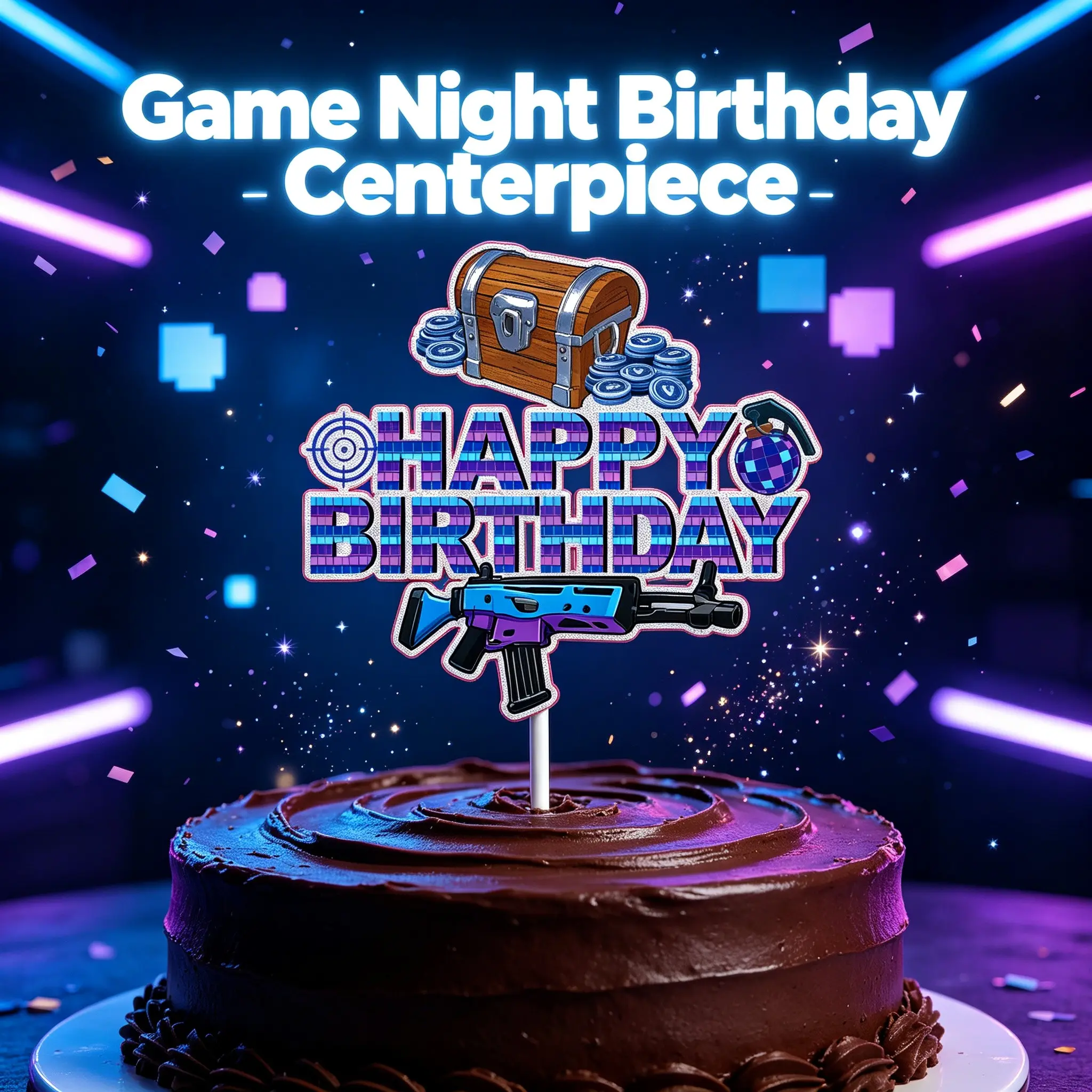 The ultimate supply drop for the gamer boy's birthday! 🎮 Pixel treasure chest & blue-purple rifle topper with heavy battle vibes! The glitter-finished HAPPY BIRTHDAY instantly turns the cake into a "Battle Royale" scene—super lit! 🔥🔫