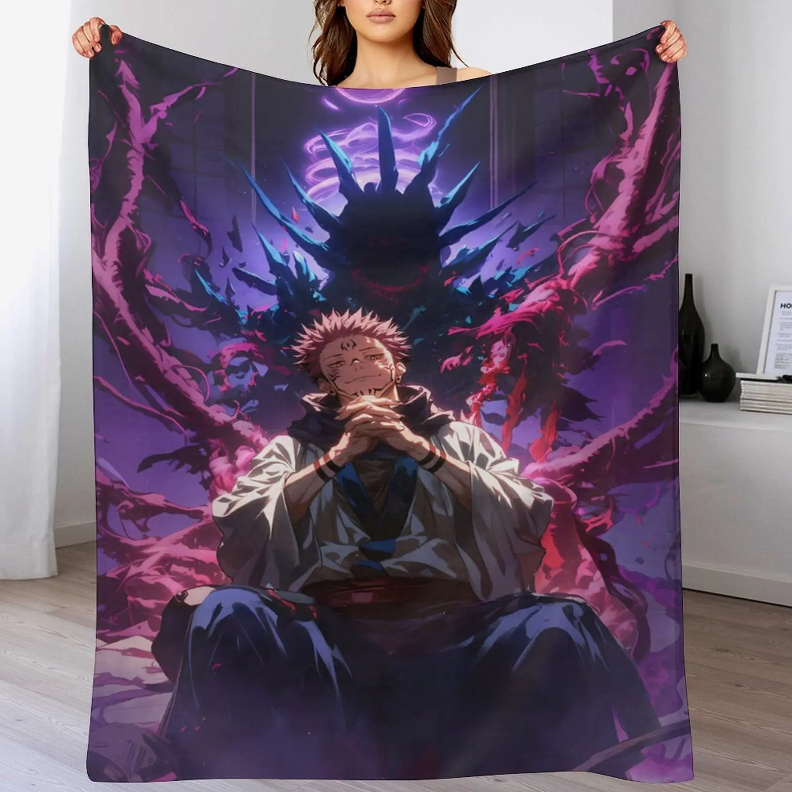 Ryomen Sukuna Throw Blanket Anime Flannel Blanket Soft Cozy Blanket for Bedroom Couch Sofa All Season Decorative Blanket for Fans
