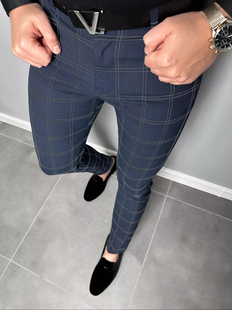 Men's Plaid Print Button Fly Slim Pants, Business Casual Pocket Design Trousers For All Seasons, Men's Bottoms For Work Office Daily Wear