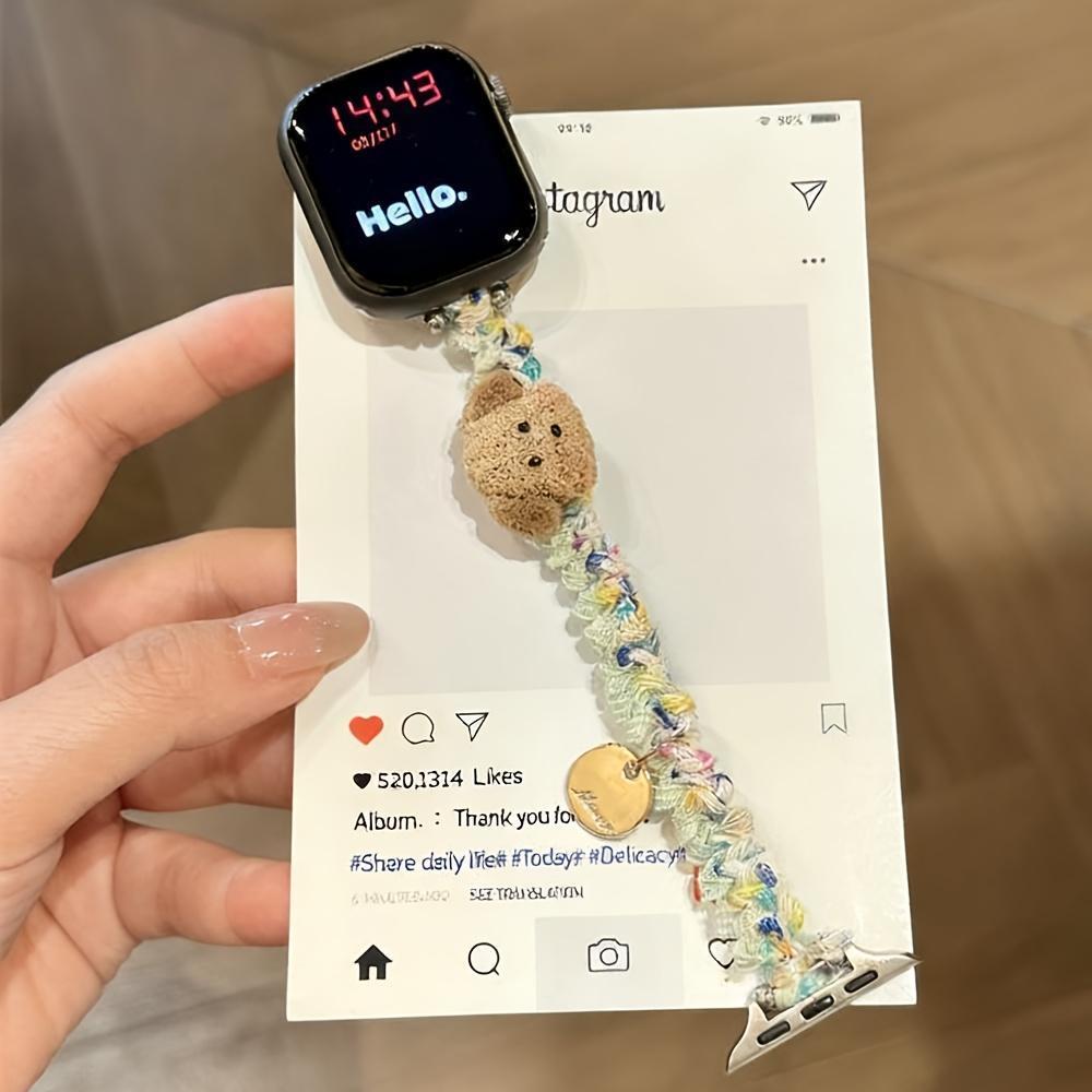 Stylish Cute Scrunchie Gradual Change Elastic Bands with 3D Puppy Dog Pendant for Apple Watch Band 46mm 45mm 44mm 41mm 42mm 38mm 40mm 49mm Ultra 2 Kawaii Adjustable Nylon Straps for iWatch Series 10 9 8 SE 7 6 Stylish Smartwatch Wristband