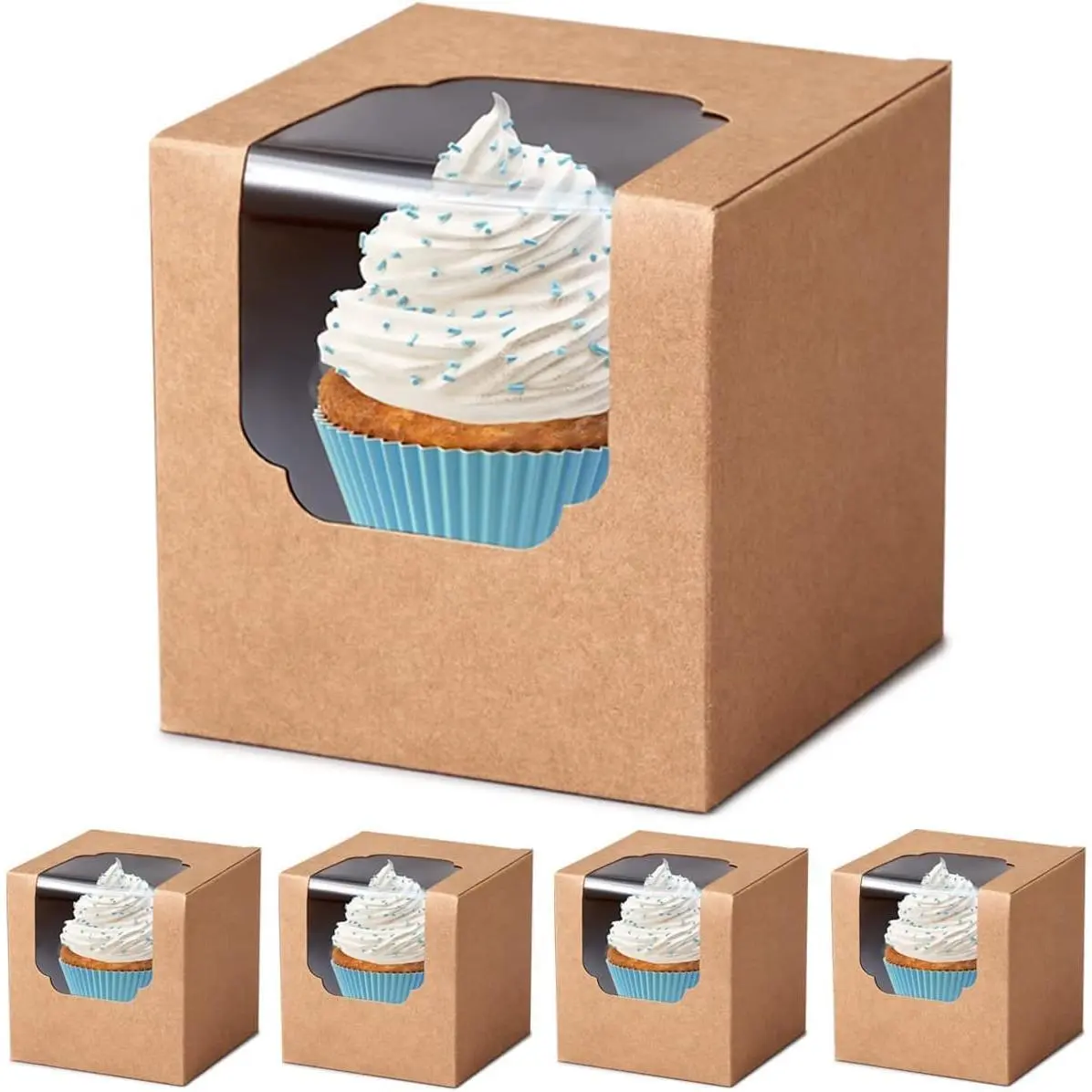 Individual Cupcake Boxes Brown with Window 30 count for Mini and Standard Cupcakes, Auto-Popup Mini Cupcake Containers with Insert 3.5" x 3.5" x 3.5" for Birthday  Shower Gifting