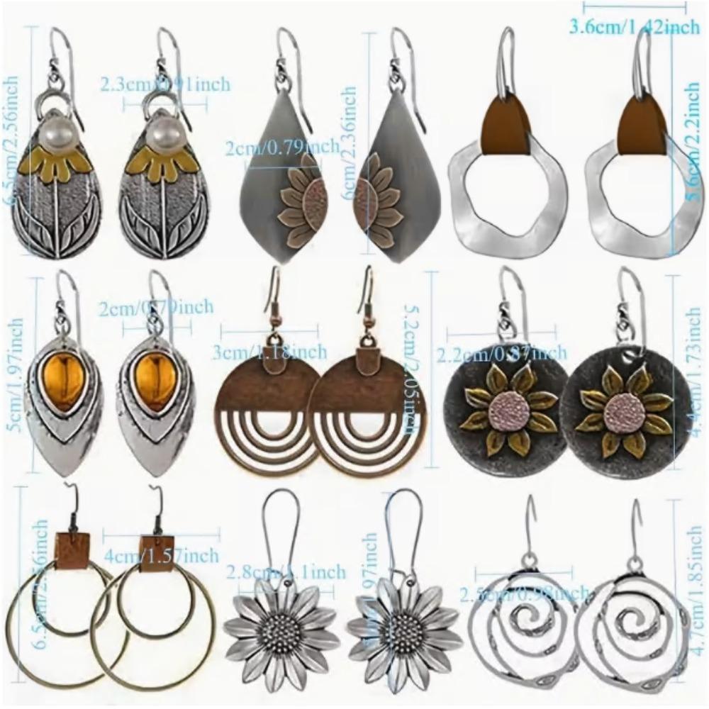 12 Pairs Bohemian Retro Geometric Round Stud Earrings - Zinc Alloy with Wooden & Accents, Ethnic Sunflower & Floral Designs for Women, Casual Attire & Parties, Vintage Style, Party Accessories, Bohemian Style, Durable Earrings