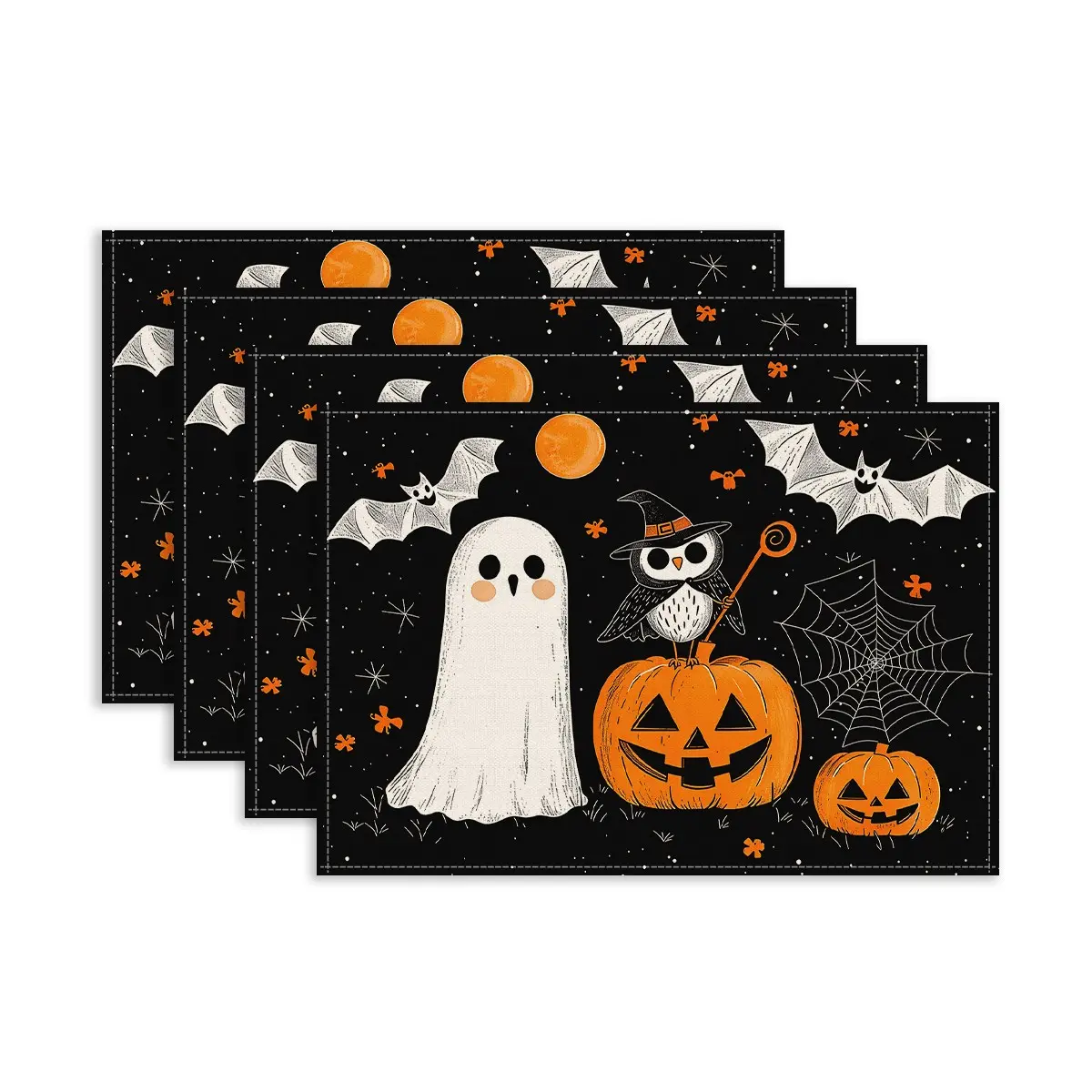 4/6Pcs Halloween Ghost & Jack-o'-Lantern Placemats, Heat-resistant Decorative Table Mats, Vintage Bat & Spiderweb Pattern Table Ornaments Ideal for Halloween Dinner & Party Table Styling