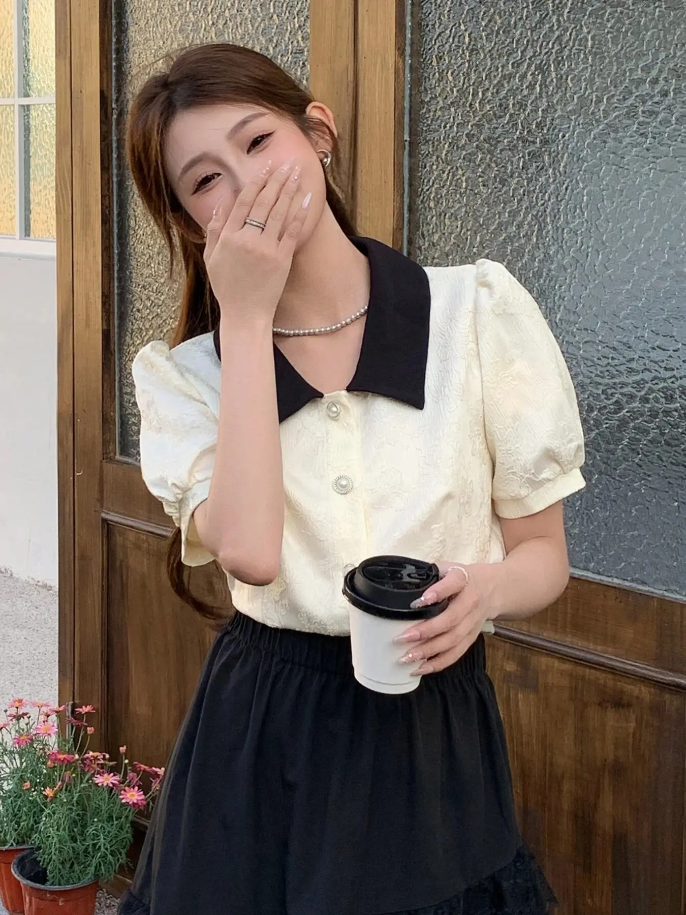 Colorblock Babydoll Neck Bubble Short Sleeve Top, Pearl Button Embroidered Blouse, Soft Vintage Style Short Shirt for Women