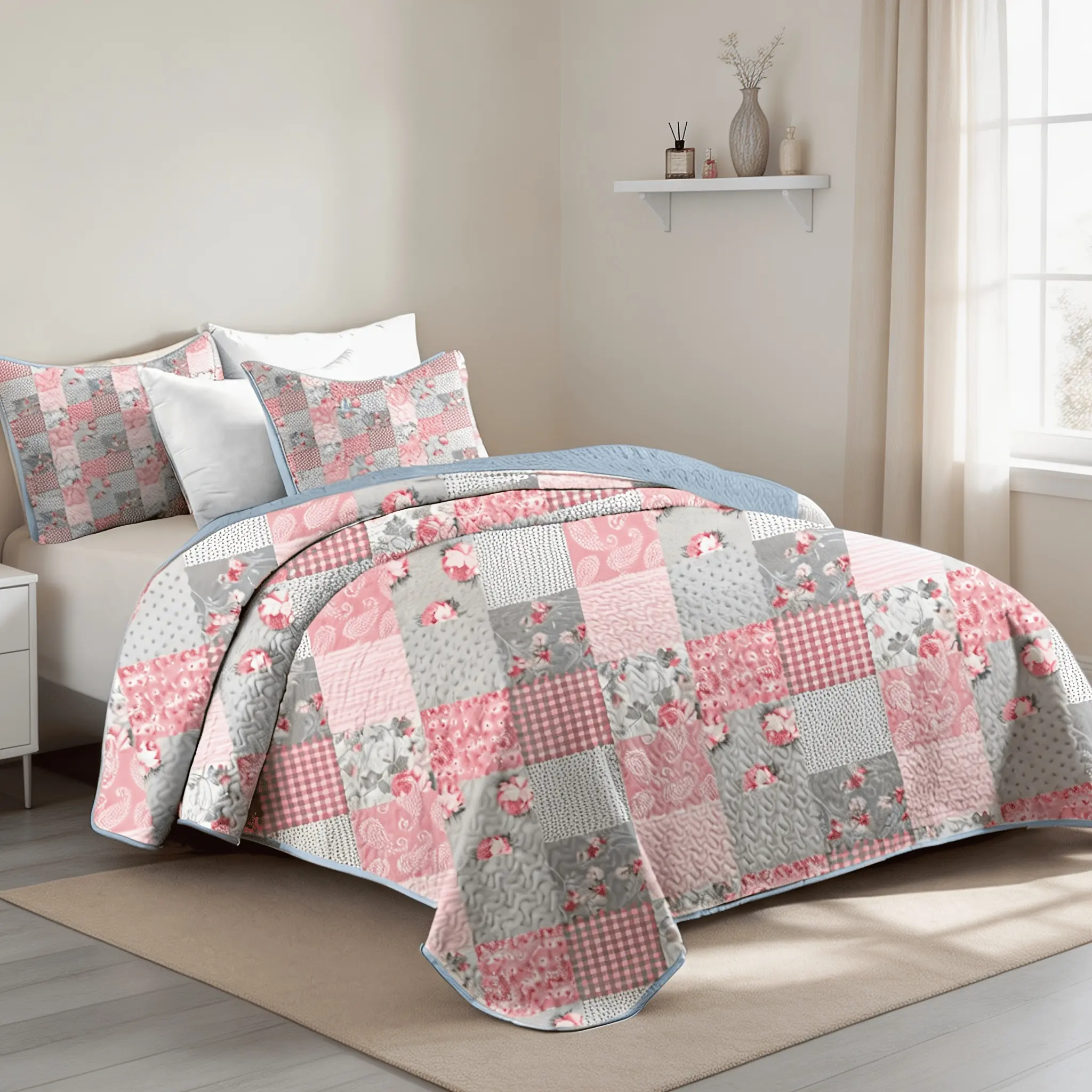 2/3pcs Luxury Vintage Pink & Grey Floral Patchwork Bedspread Set, Anti-Cat Scratch Soft Breathable Cooling Microfiber Bedding, Includes Bed Cover & Half Pillow Shams, Machine Washable, All-Season Home Decor