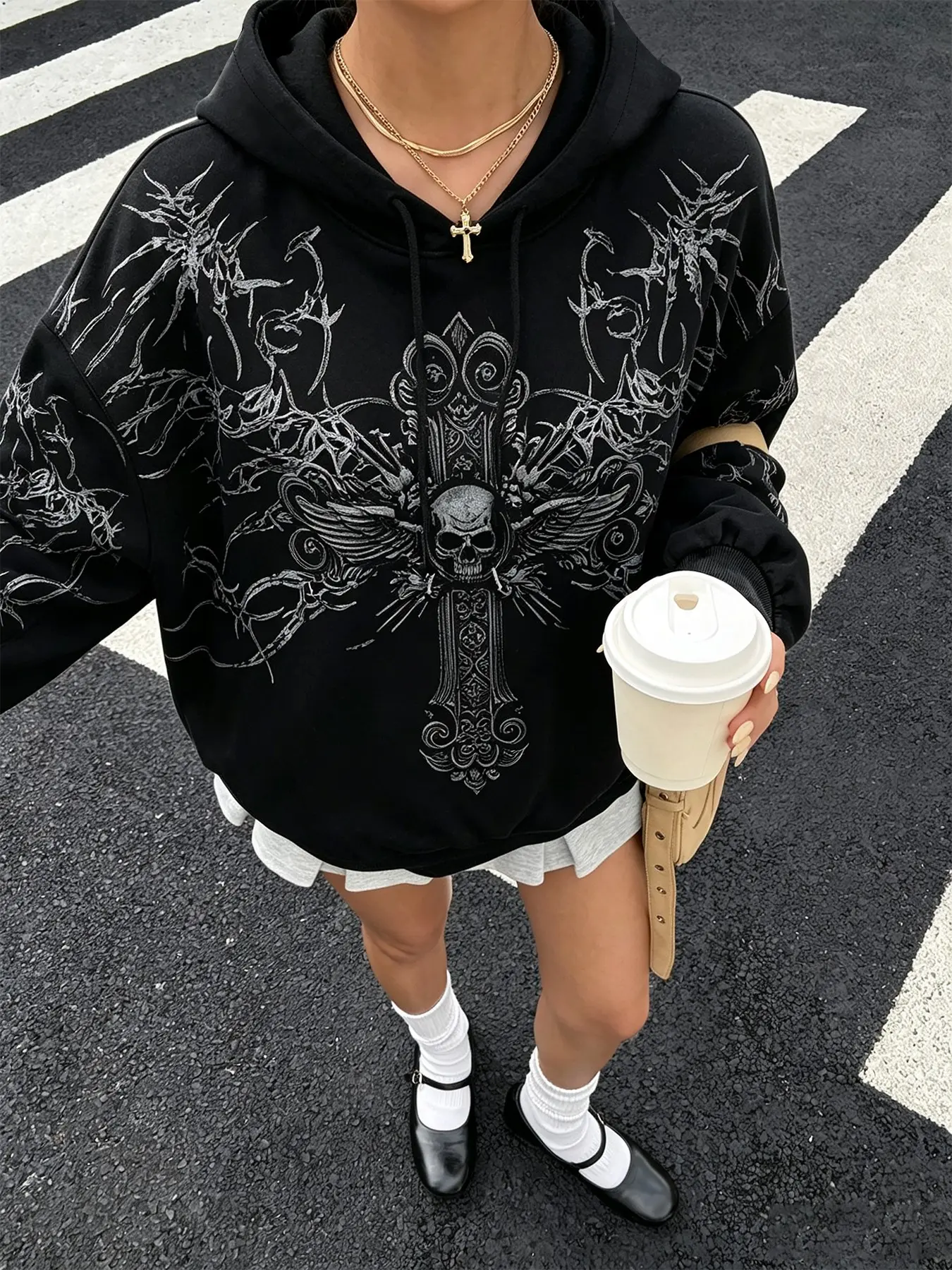 2026 Viral TikTok Gothic Skull Cross Wing Print Hoodie for Women, Vintage Dark Thorn Graphic Oversized Cropped Hooded Sweatshirt, Y2K Grunge Punk Alt Streetwear Aesthetic Hoodie, Drop Shoulder Loose Fit Goth Black Hoodie, Gothic Graphic Hooded Sweatshirt
