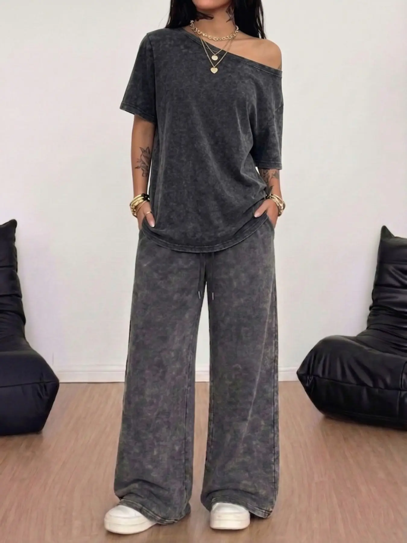 Multi-color distressed wash one-shoulder top matching set—featuring a relaxed, casual American style with a loose fit, Baggy that flatters all body types; easily styled with your choice of accessories and footwear. Outfit
