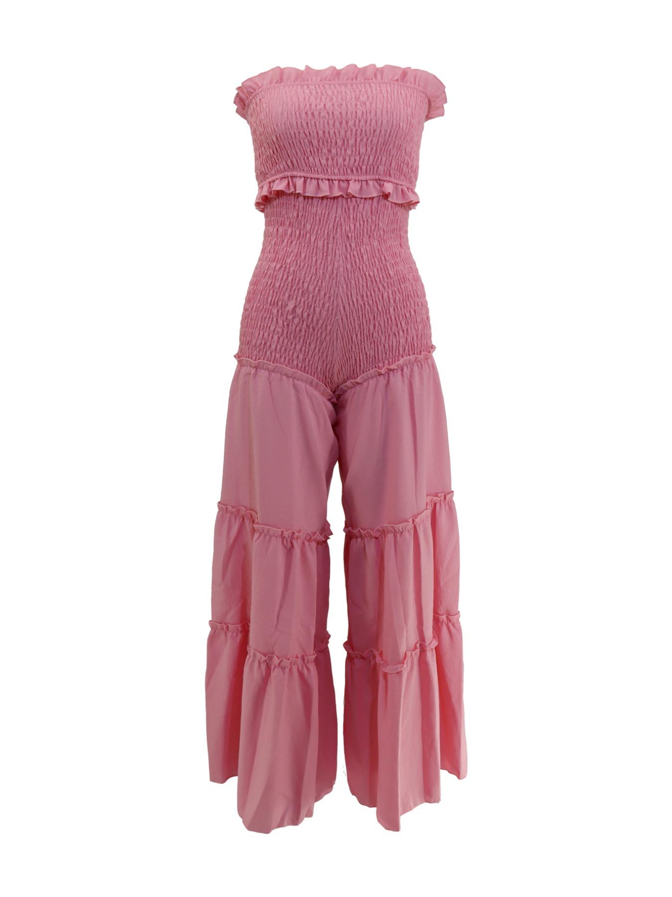 Women's Frill Trim Shirred Flare Leg Pants Set, Boho Casual Crop Tube Top & High Waist Trousers for Beach Holiday Vacation, Ladies Summer Clothes