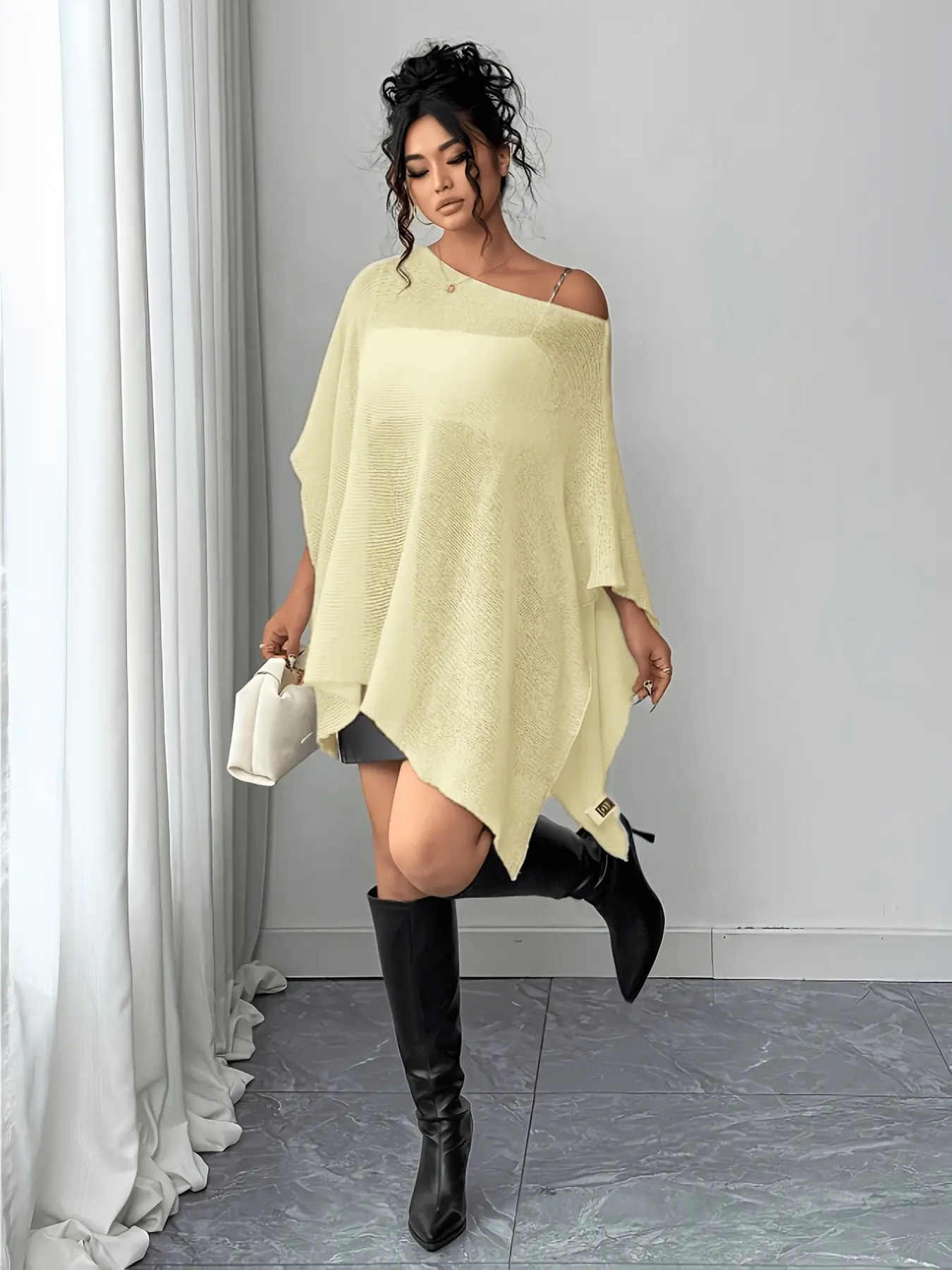 Women's Asymmetrical One-Shoulder Cape Dress, Loose Fit Lazy Style Knit Top, Casual Pullover Sweater, Fashionable Outerwear, Knitwear