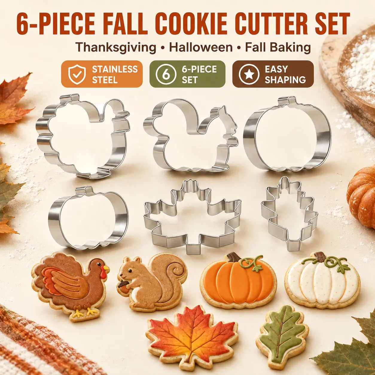 6-Piece Fall Cookie Cutter Set, Stainless Steel Baking Molds, Turkey Squirrel Pumpkin Maple Leaf Oak Leaf Cutters, Autumn Holiday Baking Decorations