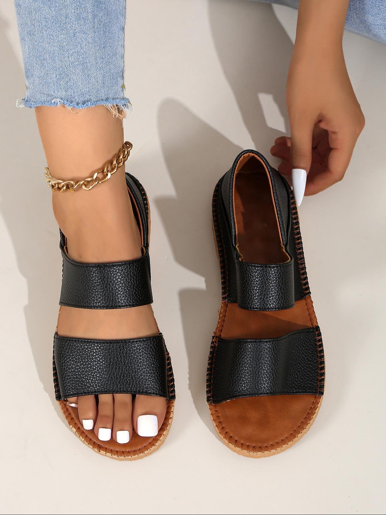 Women's Fashionable Solid Color Sandals, Leather Sandals, Elegant Sandal, Casual Comfortable Sandals for Summer, Female All-match Open Toe Sandals for Daily Wear, Walking Shoes, Footwear Strap Slides