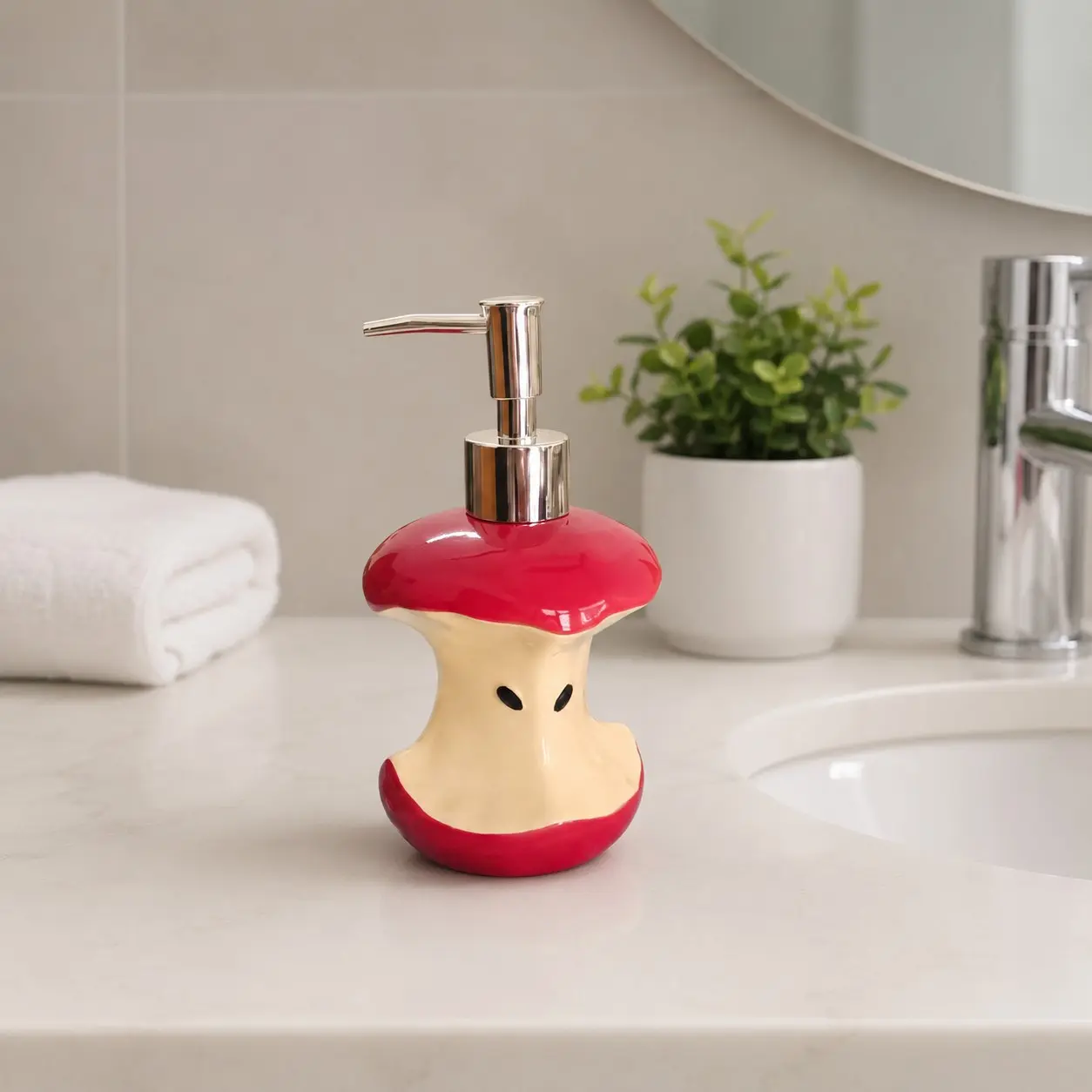 1pc Cute Ceramic Apple Core Soap Dispenser, Refillable Liquid Hand Soap Dispenser with Pump, Aesthetic Lotion Bottle, Soap Container for Bathroom & Kitchen Decor