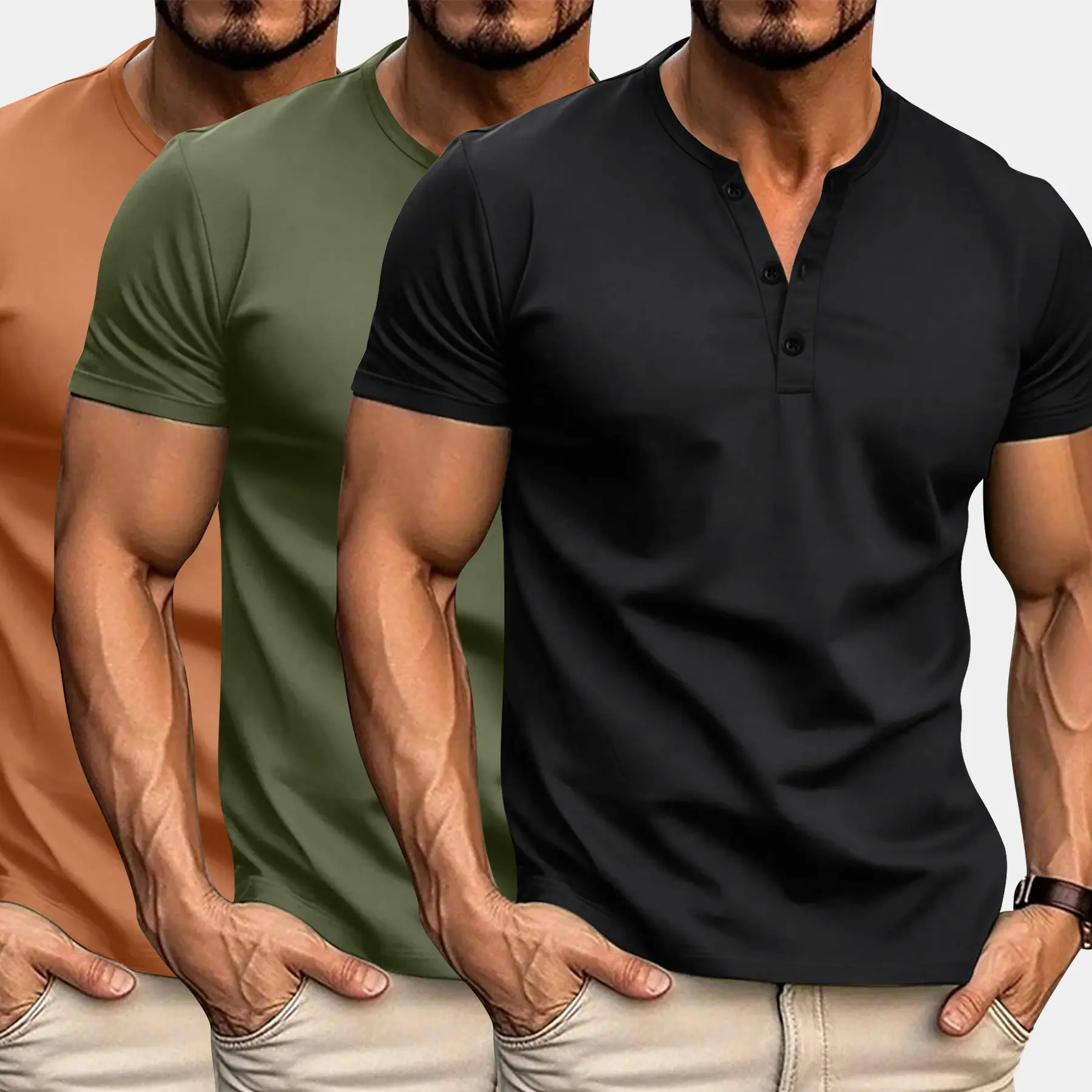 Men's Fashion Multi-Pack T-Shirts, Slim-Fit Casual Top with Button Placket, Soft Skin-Friendly Menswear with Contrast Trim for Daily Wear, Shortsleeve, Henley Tops