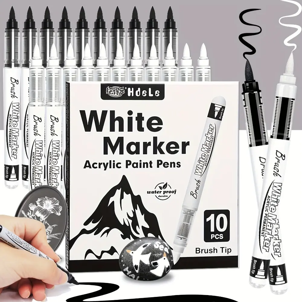 10PCS White Acrylic Paint Markers, Soft Tip Paint Pens with Direct Liquid Ink, Works on Glass, Canvas, Wood, Leather, Ceramic, DIY Art Craft Painting Supplies
