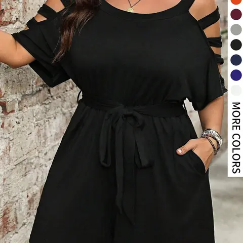 [Plus Size] Solid Color High Waist Basic Romper, Casual Pocket Romper for Summer, Women's Clothes for Daily Wear, Everyday