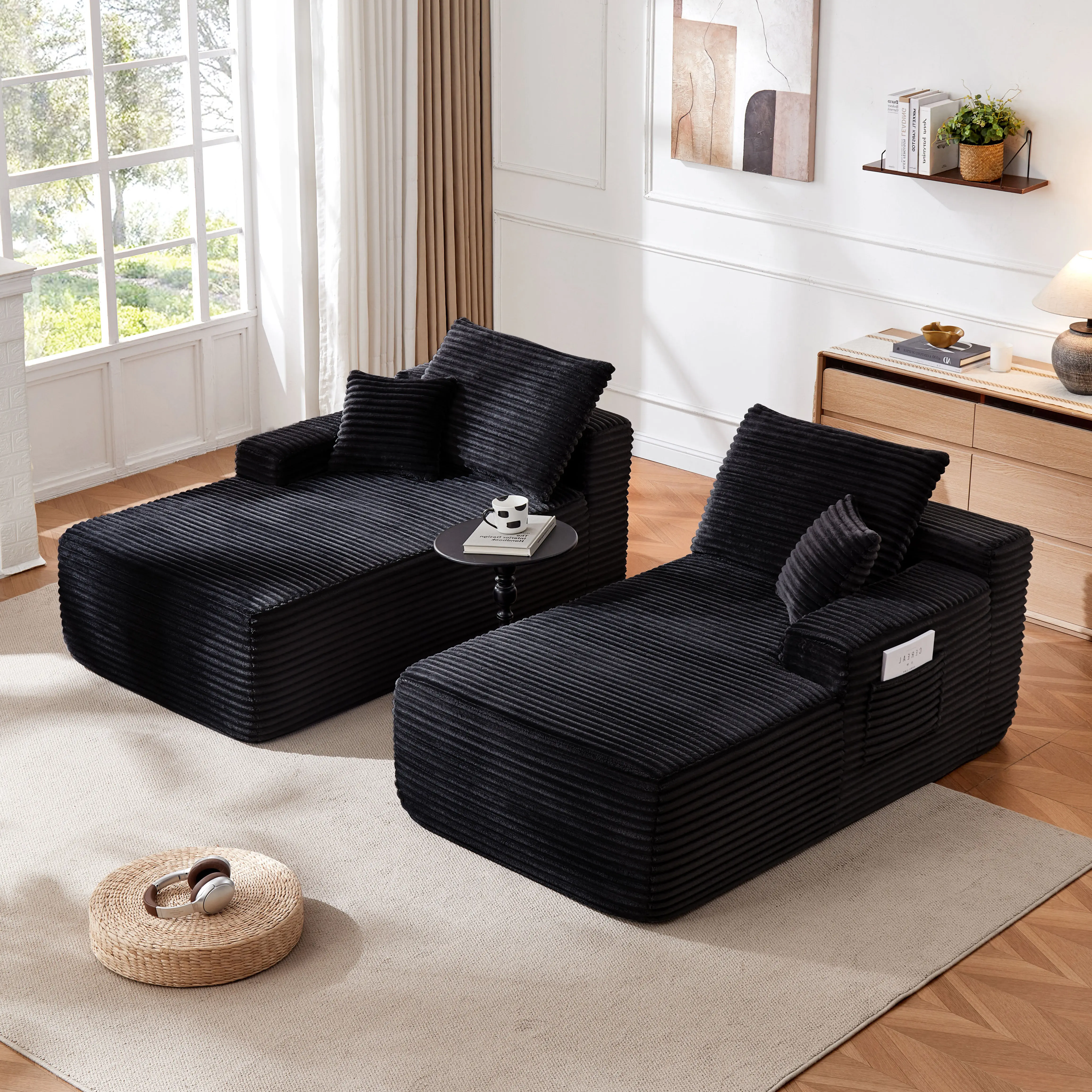 ARCH 76" Cloud Sectional Couch L-Shape Chaise with Deep Seat 2 Seater Sofa for Living Room Plush Fabric Black No Assembly Required Double Chaise Lounge Modern Furniture, Black Color Options, Fabric Material, 2 Seat Seat Count, Product Dimensions: