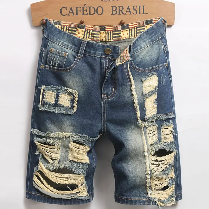 Men's Vintage Asymmetric Destroyed Denim Jean Shorts, Cotton Blend Extreme Ripped Frayed Shorts, Regular Fit Knee Length Casual Streetwear