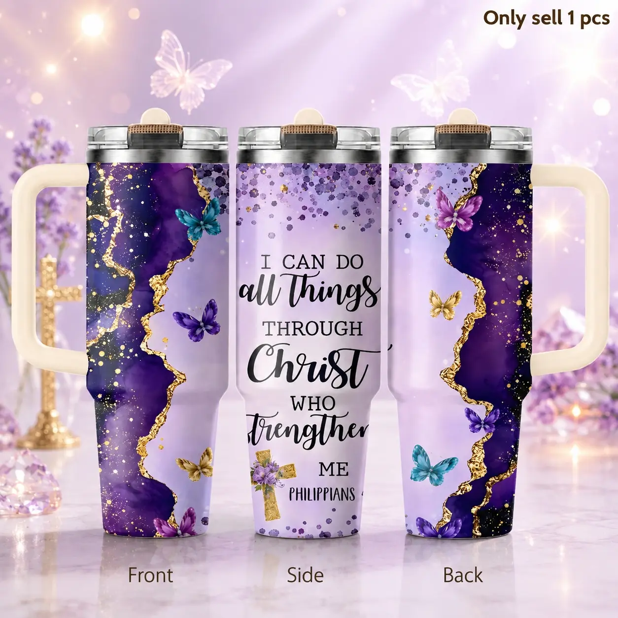 Purple Gold Glitter 40oz Tumbler – Sparkly Luxury Style Stainless Steel Insulated Travel Cup with Handle & Straw Lid for Coffee, Water, Gym, Office, Car, Glam Gift for Her Insulation Drinkware