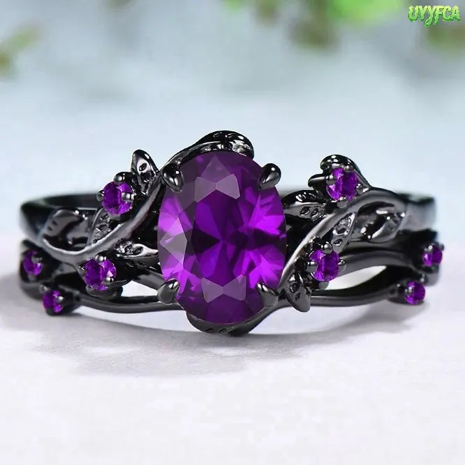 Vintage Gothic Stackable Rings Set for Women, Gunmetal Twisted Vine Band with Oval Ruby Gemstone, Hypoallergenic Anniversary Jewelry, Birthday, Gifts, Female, Daily
