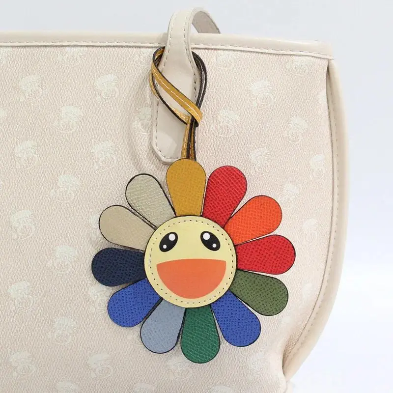 Multicolor Rainbow Face Sunflower Charm Keychain - PU Leather Small Pendant with Lanyard, Mobile Phone Strap Accessory for Car, Bag Decor