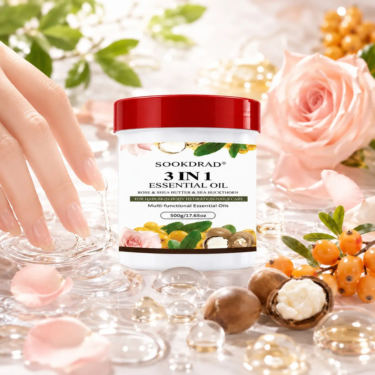 3 in 1 multi-functional essential oil, rose, shea butter, sea buckthorn, hydrate hair, hydrate skin, hydrate body, nail care, 500g/17.65oz
