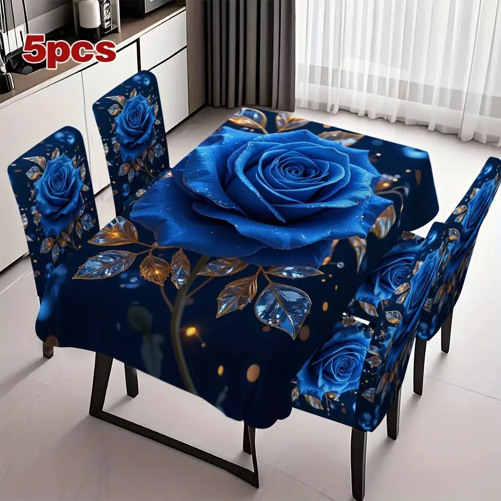 Royal Blue Rose Canvas Tablecloth Set, 4/5/6/7 Pieces, Dreamy Home Party Decor Ambiance, Perfect for Hotel Anniversary Celebrations