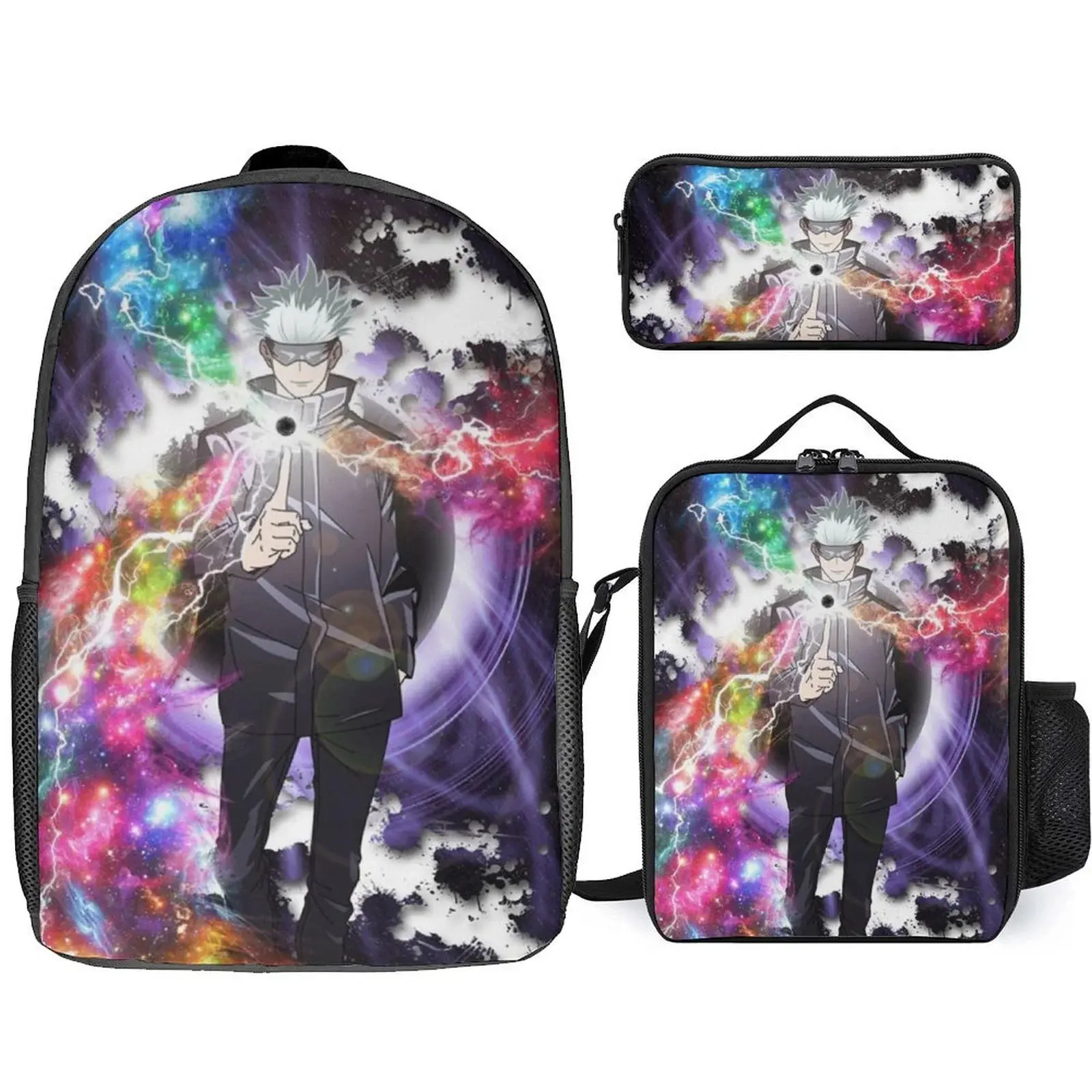 Jujutsu Anime Kaisen Satoru Gojo Backpack Set, 3 Piece Backpack Set With Lunch Box Pen Box , High Capacity Bookbag Lunch Bag Pencil Case Workplace Travel
