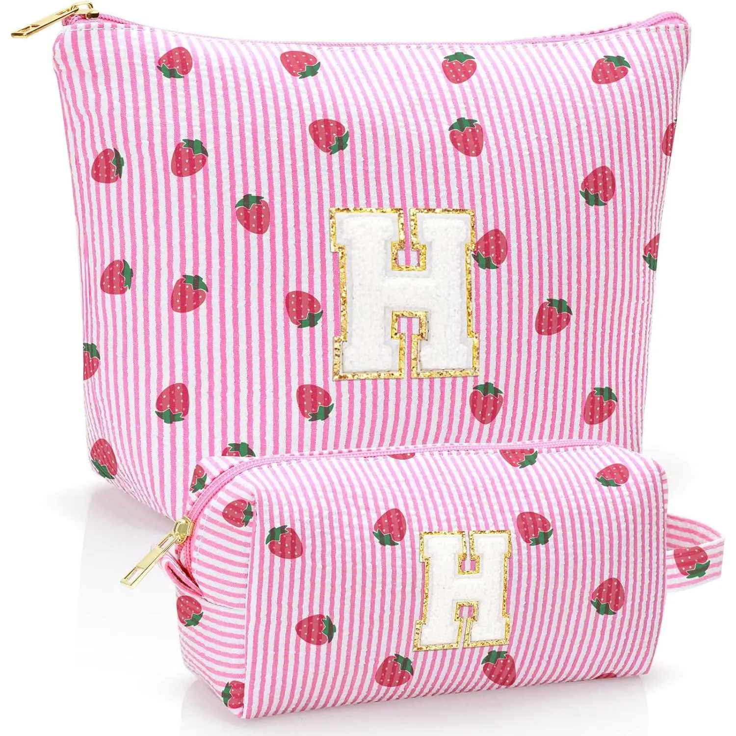 Personalized Initial Makeup Bag Pouch,Cute Strawberry Makeup Organizer bag | Preppy  Toiletry Travel Bag,Trendy Stuff Letter Pouch for Girls Women Birthday ,Makeup Bag Set,2 Pack