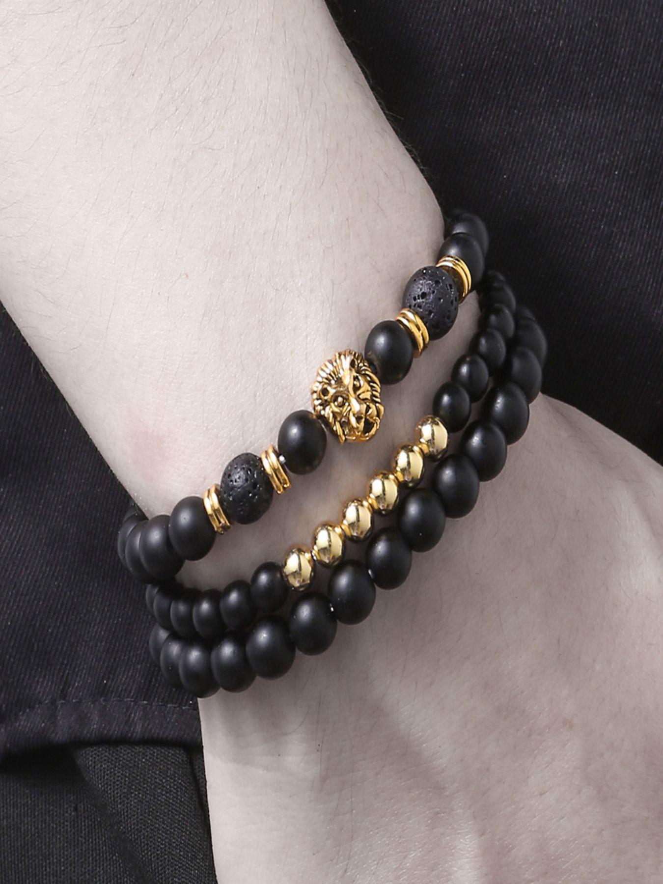 Men's Vintage Lion Head Decor Beaded Bracelets, Trendy Natural Stone Stackable Bracelets, Fashion Jewelry for Party, Daily Decor, Trendy Jewellery Accessories