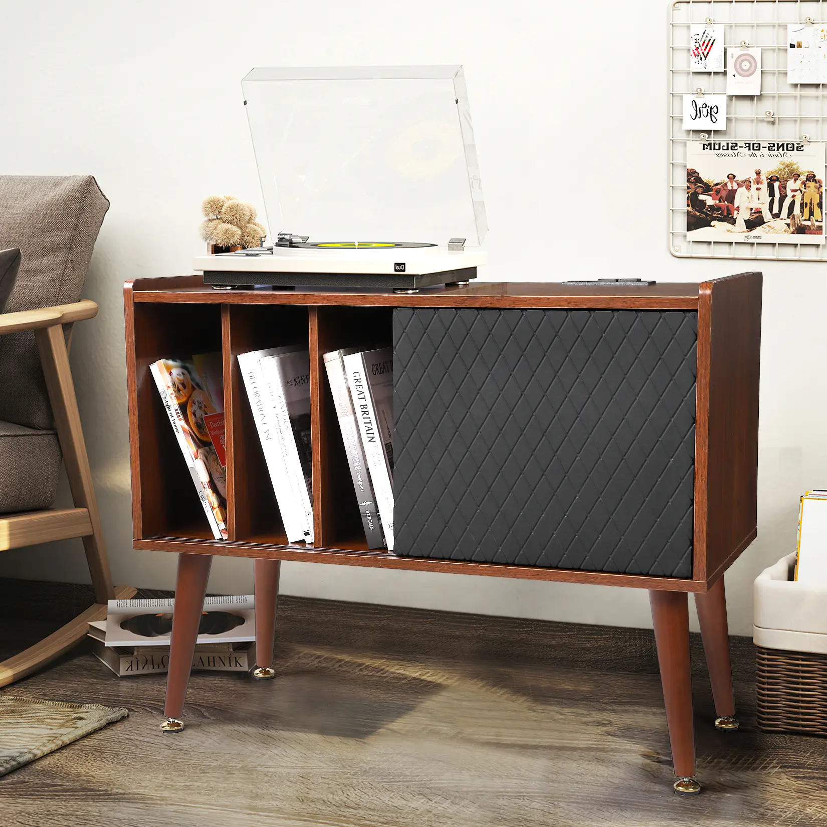 Rustic Wooden Record Player Stand, Spacious Vinyl & CD Storage, Built-in USB Charging Station, Sliding Door, Holds Up to 300 Albums, Turntable Table for Living Room or Office