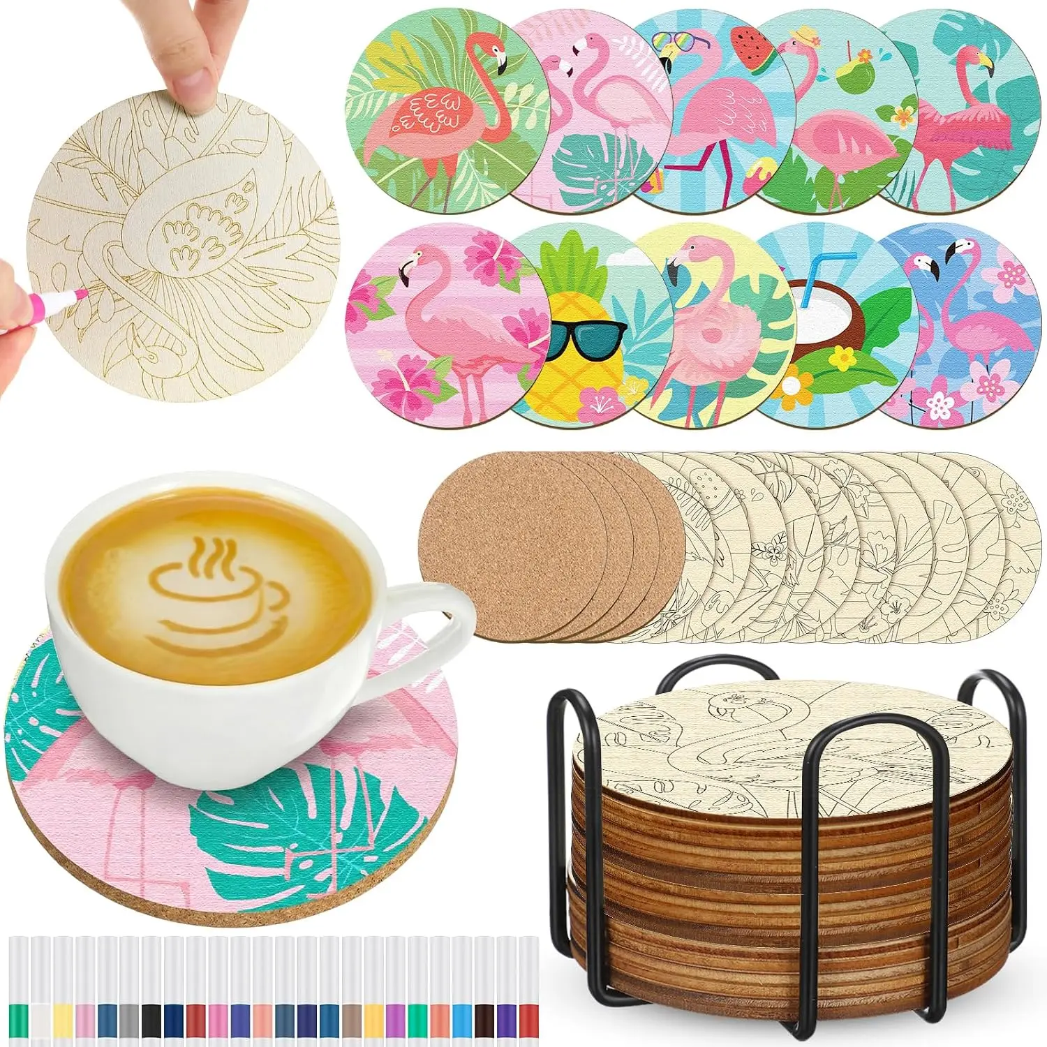 45 count  Wooden Coasters Painting Kit, 4 Inch  Your Own Summer Coasters with Markers, Summer Arts and Crafts for Adults Women Seniors  Crafters