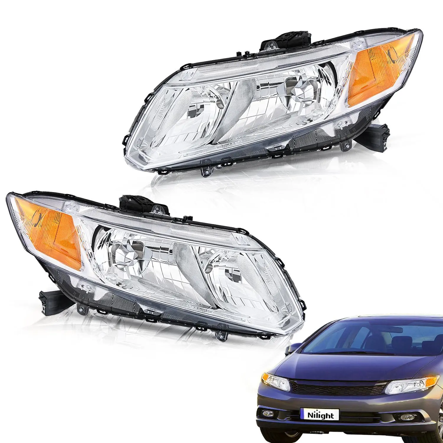Nilight Waterproof 15V LED Automotive Headlight Kit - Chrome Housing OE Standard Plug-and-Play UV Resistant Headlamp Assembly, LED Light Car Lighting for 2012-2015 Honda Civic Sedan 4-Door, 2012-2013 Civic Coupe 2-Door (Compatibility Note Included)
