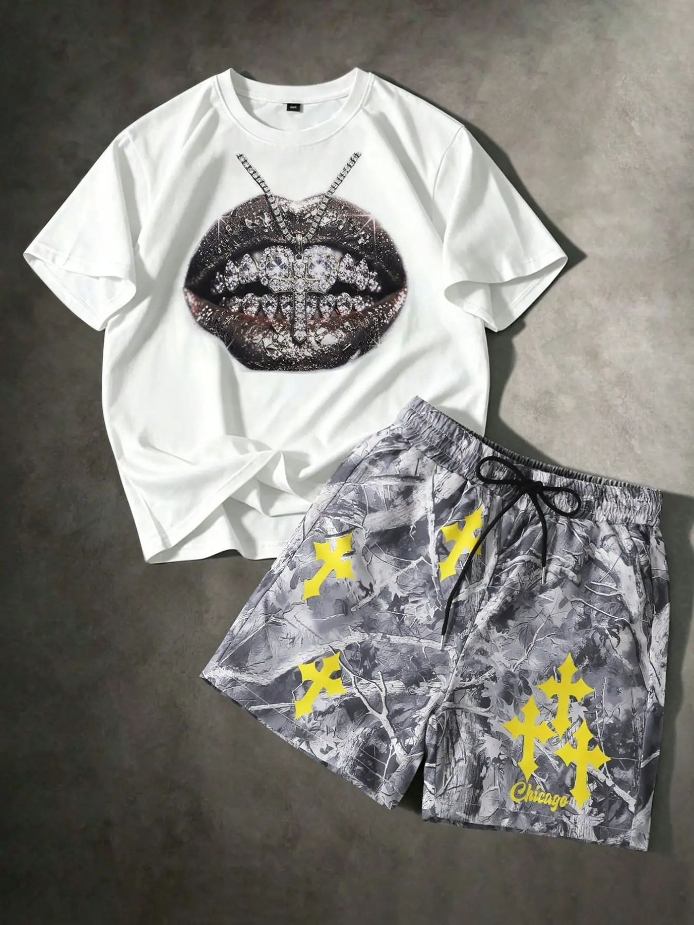 Men's 2-Piece Short Sleeve T-Shirt and Shorts Set with Jeweled Lips, Cross Graphic, Leaf Camouflage, Elastic Waist and Drawstring Shorts for Streetwear