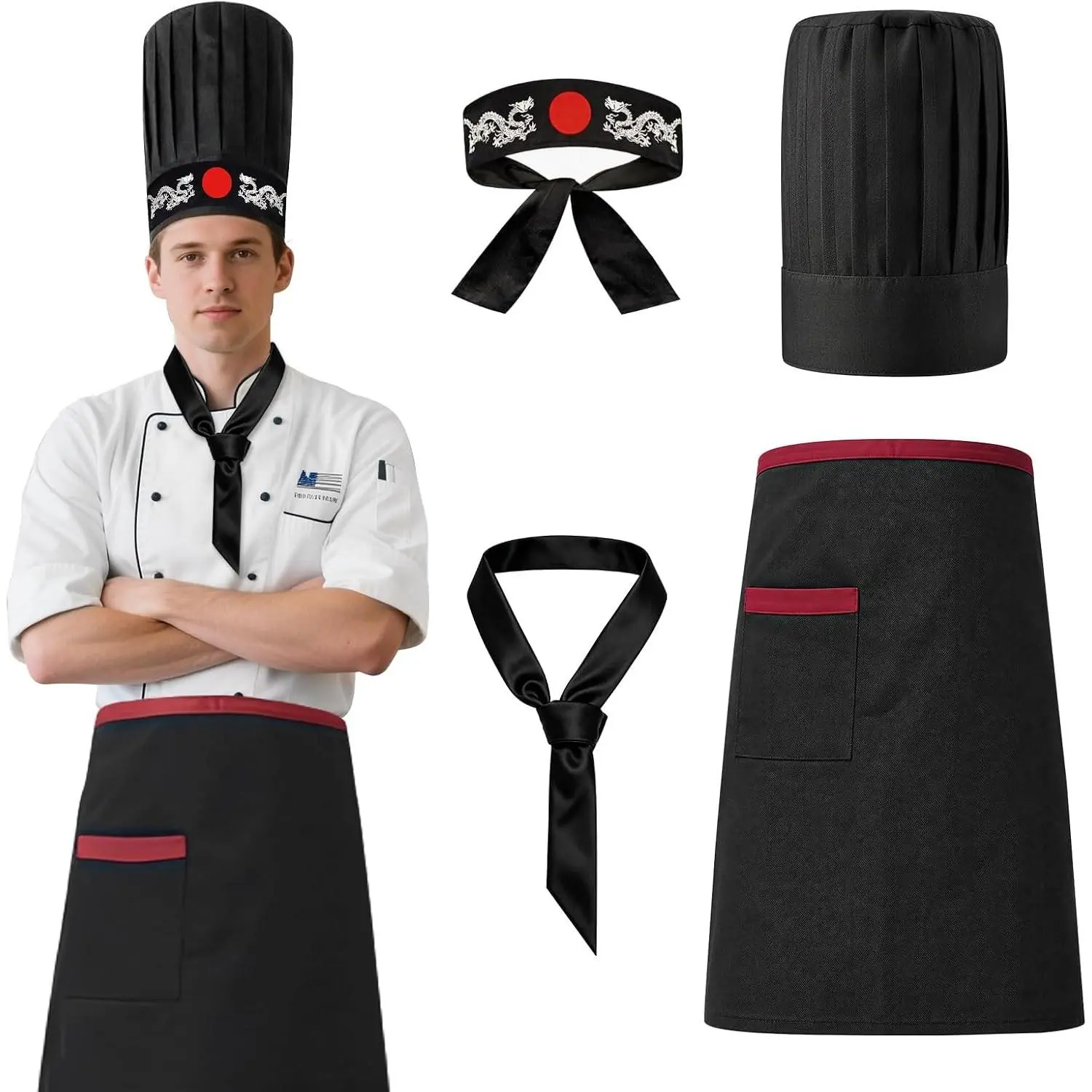 4-Piece Japanese Style Hibachi Chef Hat and Apron Set with Headband and Tie - BBQ Grilling, Cooking Parties, Halloween Role Play, Chef-Themed Gift(Gift)