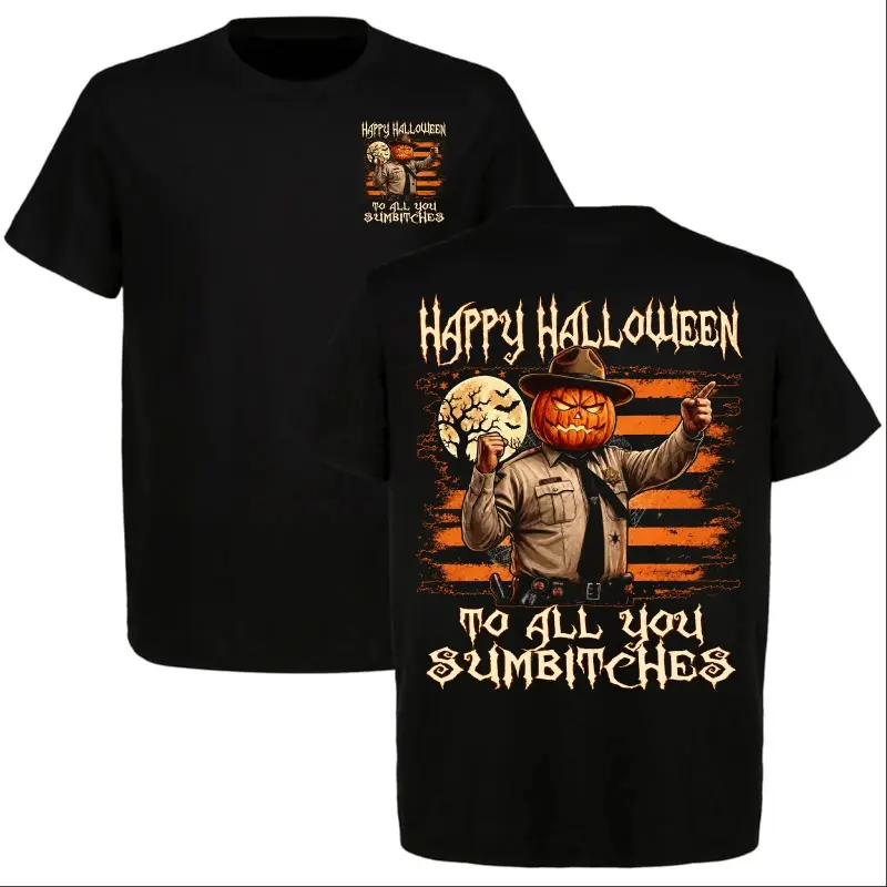 Graphic T-Shirt Funny Sheriff "Happy Halloween To All You Sumbitches" Tee, Pumpkin Sheriff Halloween Graphic Shirt, Scary Funny Halloween Party T-Shirt, Vintage Western Style Unisex Cotton Short Sleeve Tee for Men Women, Spooky Season Gift