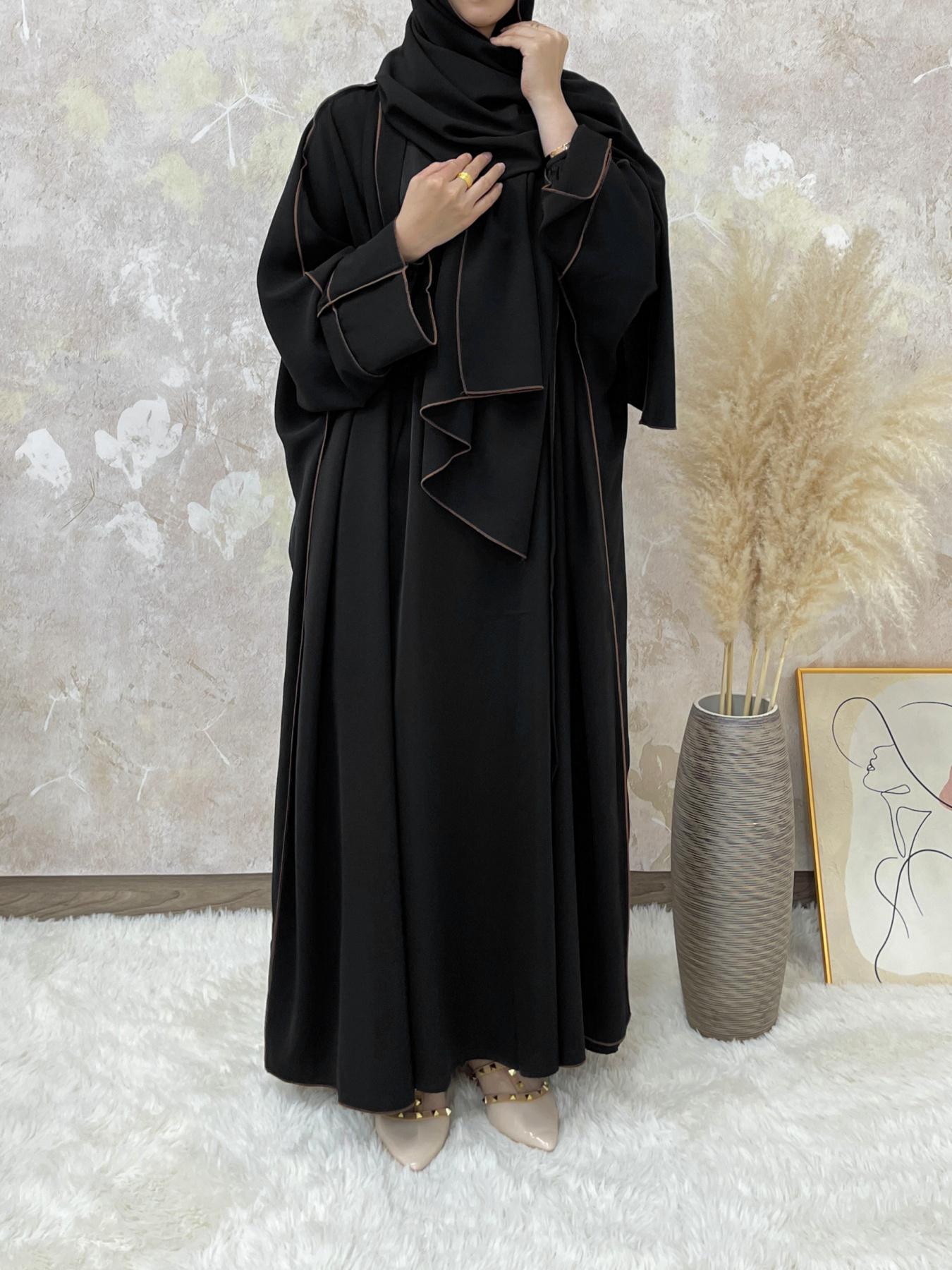 Arabic Clothing-Solid Contrast Binding Belted Abaya With Hijab Without Inner Dress, Modest Batwing Sleeve Open Front Abaya, Summer Outfits 2024, Women's Islamic Clothing for Spring & Fall, Dressy Abayas
