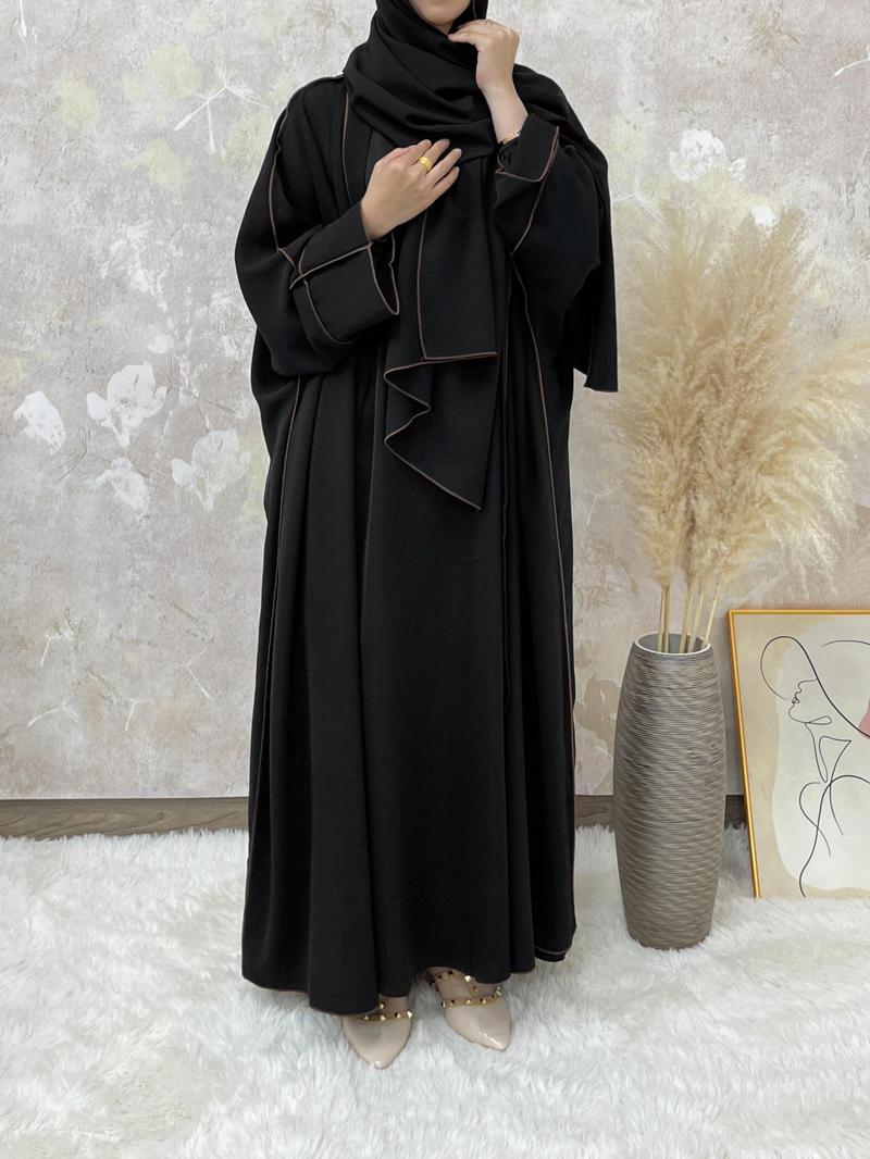 Arabic Clothing-Solid Contrast Binding Belted Abaya With Hijab Without Inner Dress, Modest Batwing Sleeve Open Front Abaya, Summer Outfits 2024, Women's Islamic Clothing for Spring & Fall, Dressy Abayas
