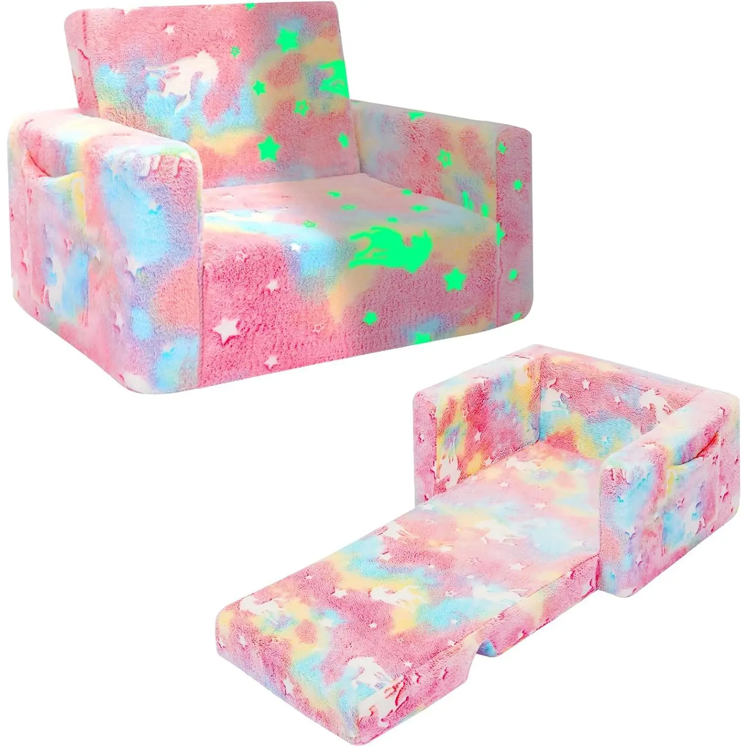 Kids Couch, Toddler Chair, Fold Out Kids Sofa Chair, Convertible Sofa to Lounger Pull Out Couch, Glow in Dark Sofa Chair Birthday Gifts for Boys and Girls (Pink)