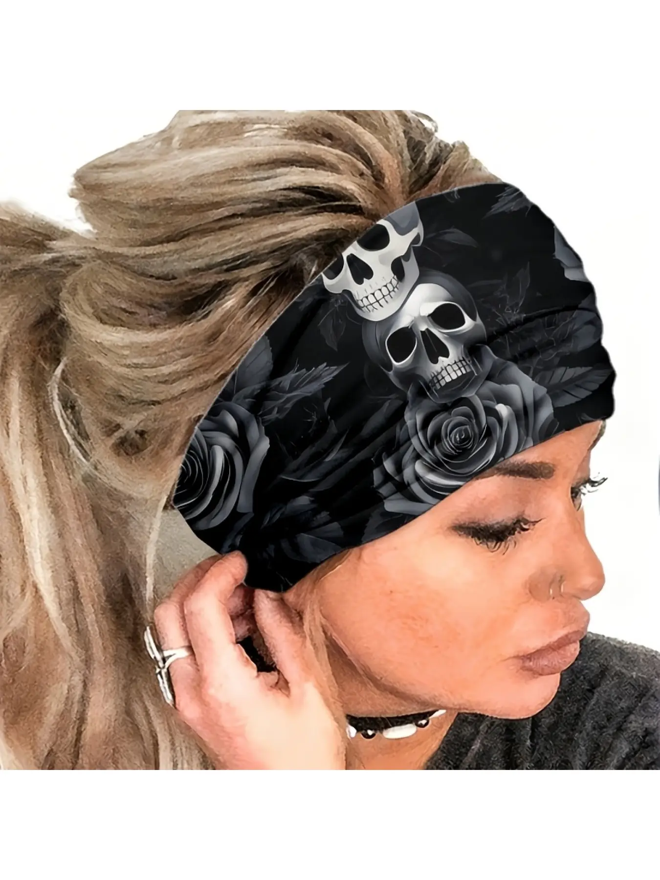 2D FLAT Skull And Rose Black, White, And Gray Gradient Full Print Headband, Suitable for Yoga / Gym / Running / Cycling, Travel / Beach, Features Non-Slip / Sweat-Absorbing / Elastic / Wide Edge / Knot Design, Sports Headband